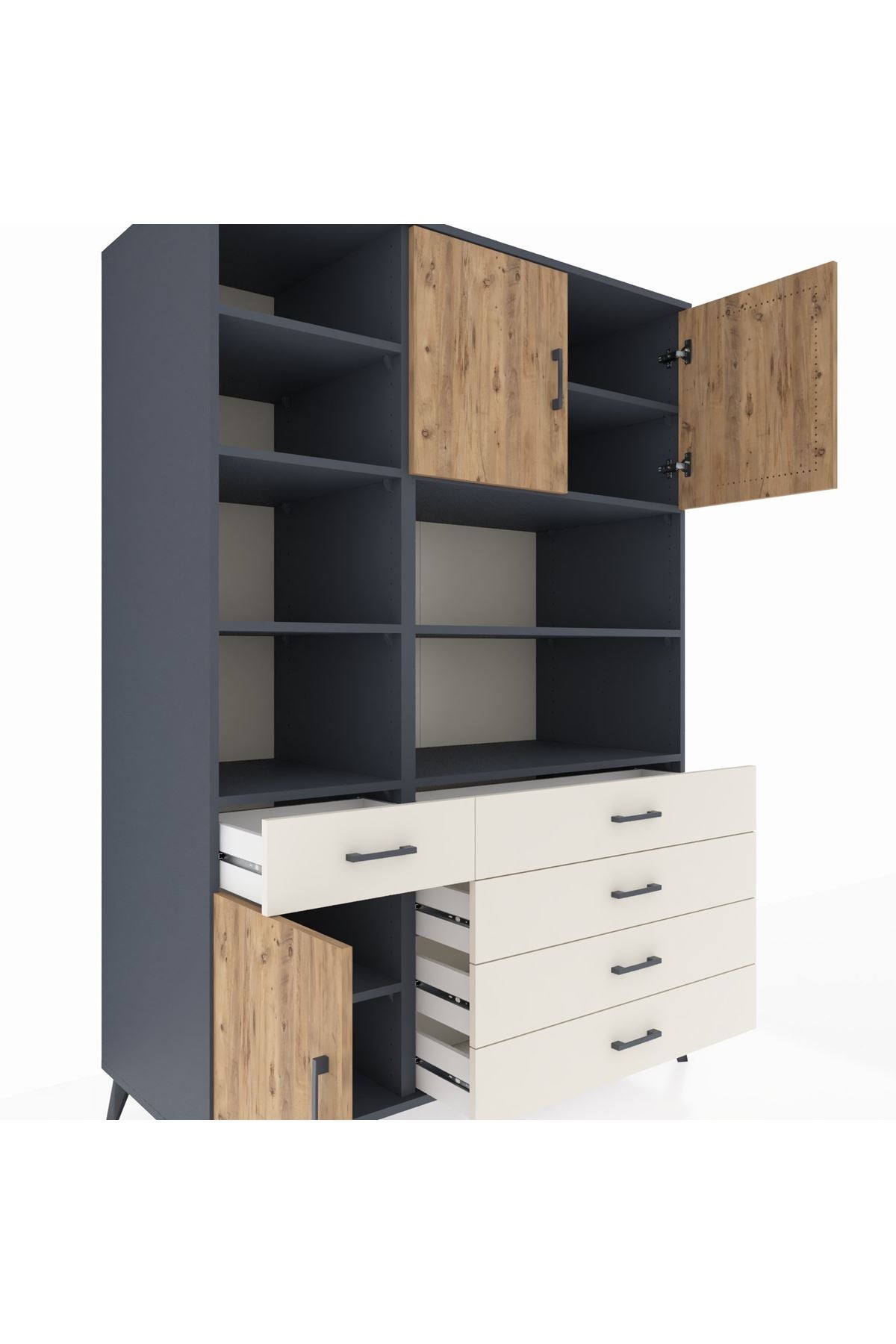 Kronos Dolap 9 Raflı 5 Çekmeceli 3 Kapaklı 132x59x195 Antrasit-Çam/Aytaşı