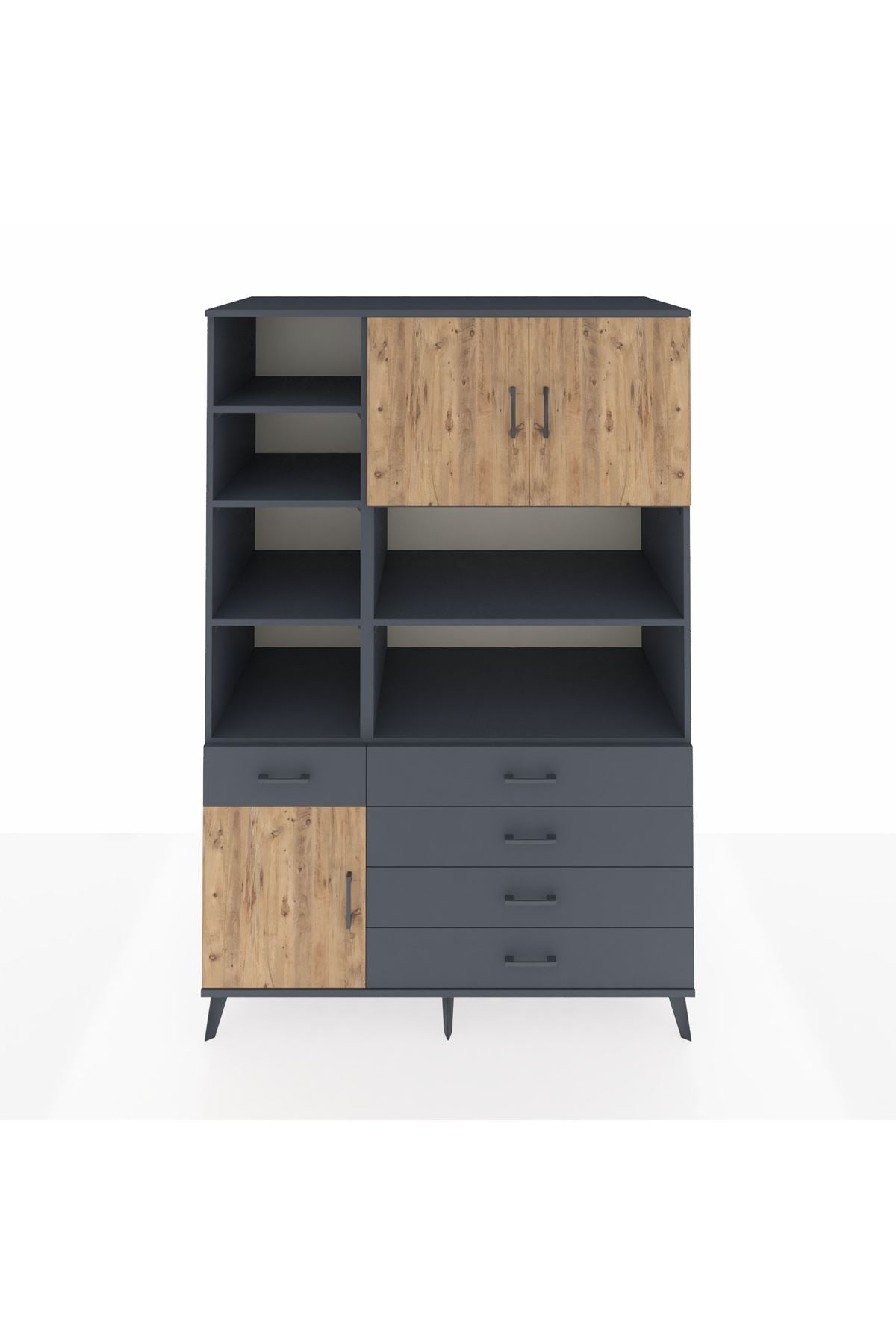 Kronos Dolap 9 Raflı 5 Çekmeceli 3 Kapaklı 132x59x195 Antrasit-Çam/Antrasit