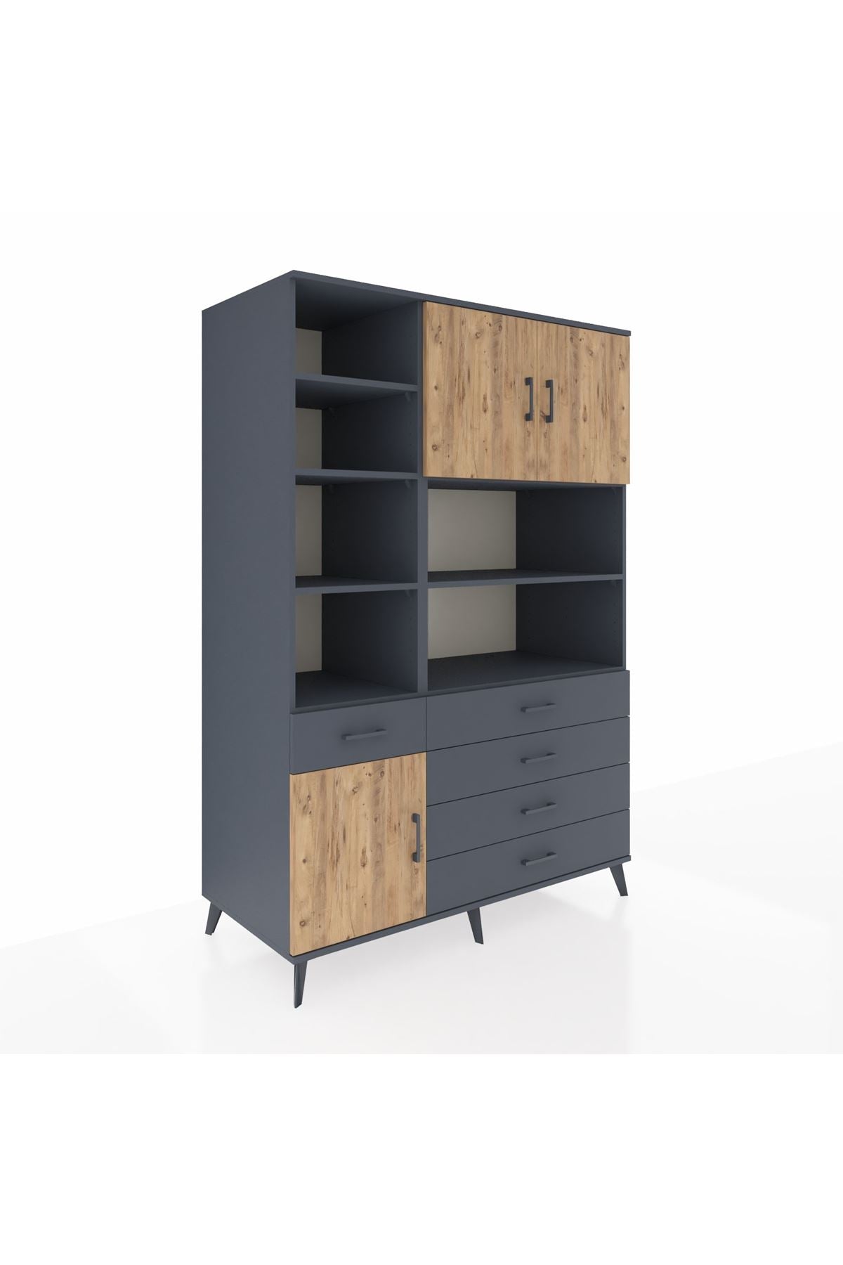 Kronos Dolap 9 Raflı 5 Çekmeceli 3 Kapaklı 132x59x195 Antrasit-Çam/Antrasit