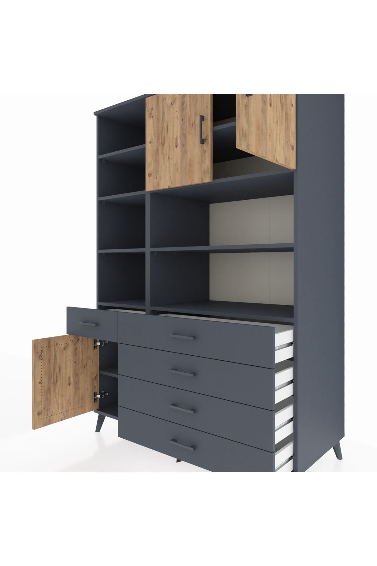 Kronos Dolap 9 Raflı 5 Çekmeceli 3 Kapaklı 132x59x195 Antrasit-Çam/Antrasit