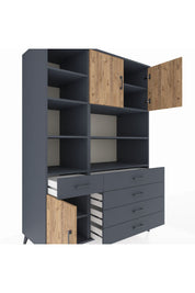 Kronos Dolap 9 Raflı 5 Çekmeceli 3 Kapaklı 132x59x195 Antrasit-Çam/Antrasit