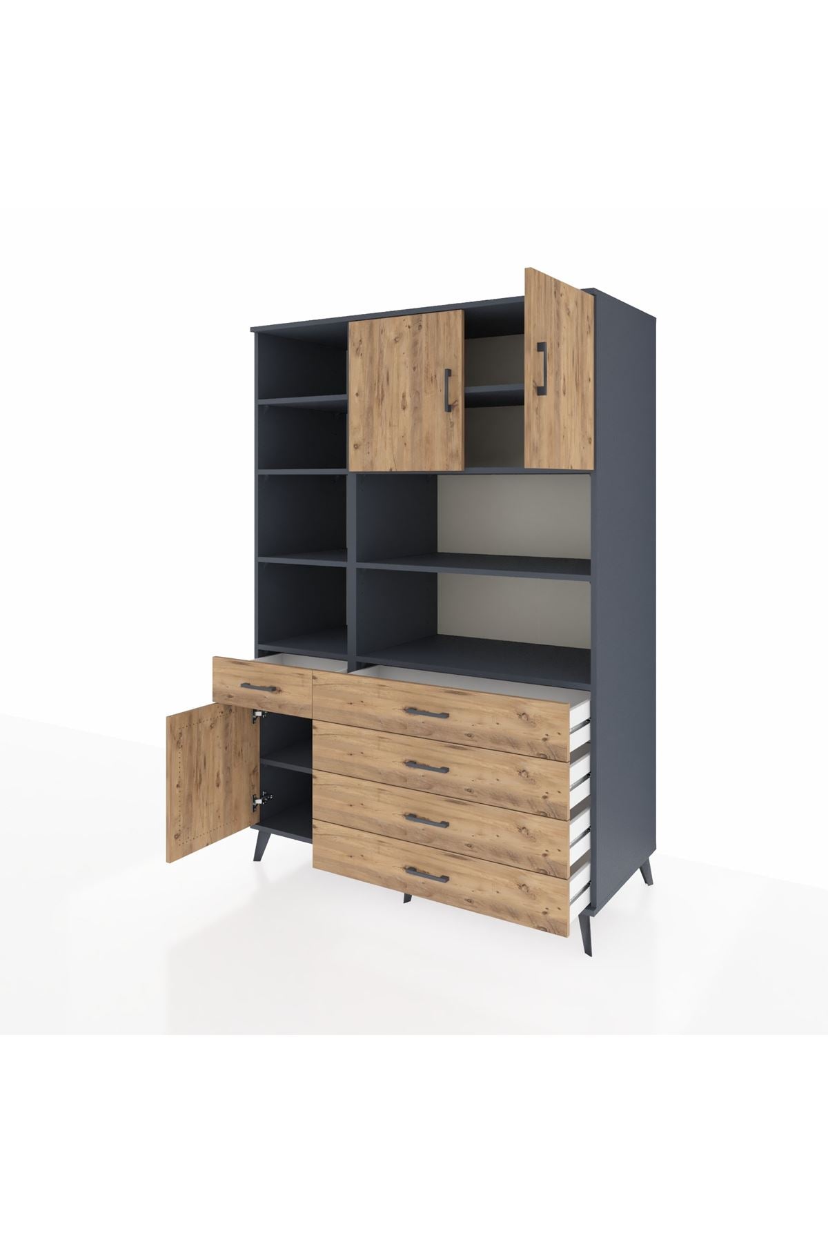 Kronos Dolap 9 Raflı 5 Çekmeceli 3 Kapaklı 132x59x195 Antrasit-Çam/Çam