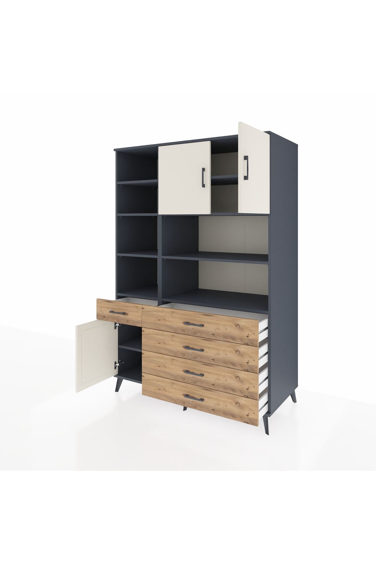 Kronos Dolap 9 Raflı 5 Çekmeceli 3 Kapaklı 132x59x195 Antrasit-Aytaşı/Çam