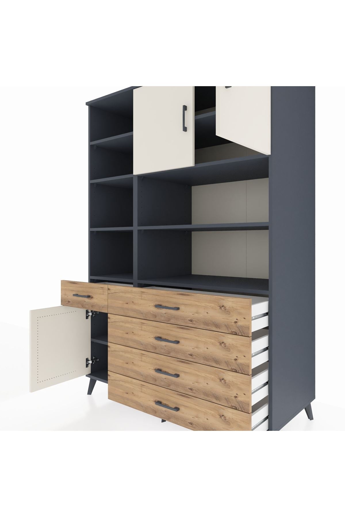 Kronos Dolap 9 Raflı 5 Çekmeceli 3 Kapaklı 132x59x195 Antrasit-Aytaşı/Çam