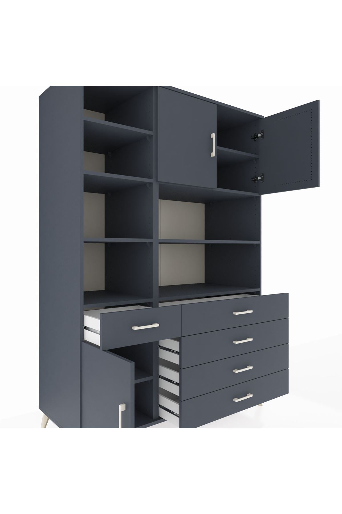 Kronos Dolap 9 Raflı 5 Çekmeceli 3 Kapaklı 132x59x195 Antrasit-Antrasit/Antrasit