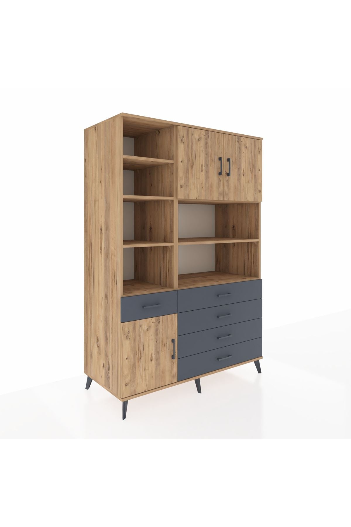 Kronos Dolap 9 Raflı 5 Çekmeceli 3 Kapaklı 132x59x195 Çam-Çam/Antrasit