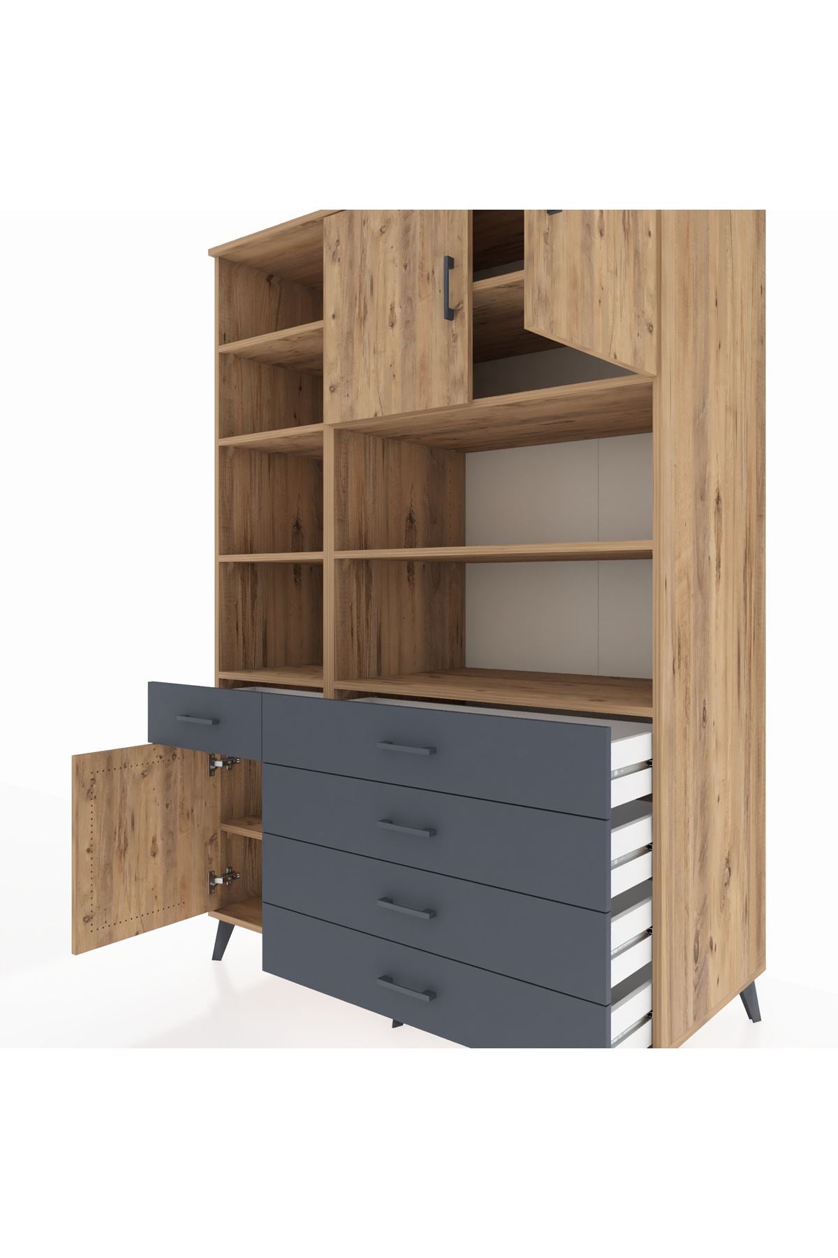 Kronos Dolap 9 Raflı 5 Çekmeceli 3 Kapaklı 132x59x195 Çam-Çam/Antrasit