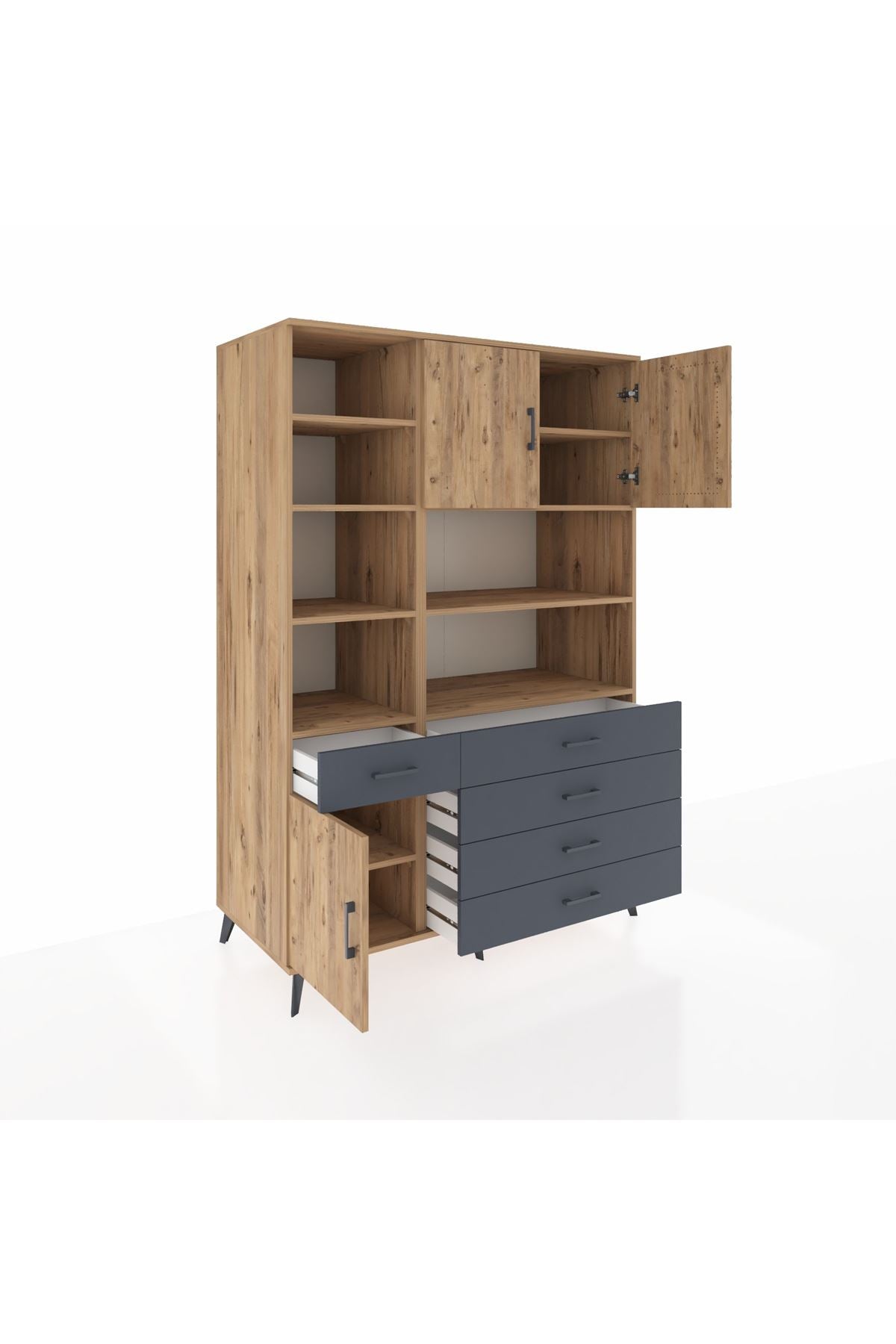 Kronos Dolap 9 Raflı 5 Çekmeceli 3 Kapaklı 132x59x195 Çam-Çam/Antrasit