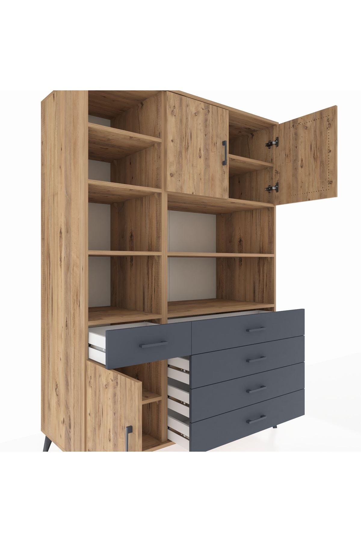 Kronos Dolap 9 Raflı 5 Çekmeceli 3 Kapaklı 132x59x195 Çam-Çam/Antrasit