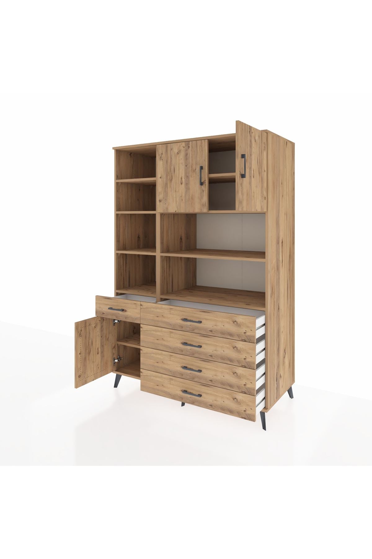 Kronos Dolap 9 Raflı 5 Çekmeceli 3 Kapaklı 132x59x195 Çam-Çam/Çam