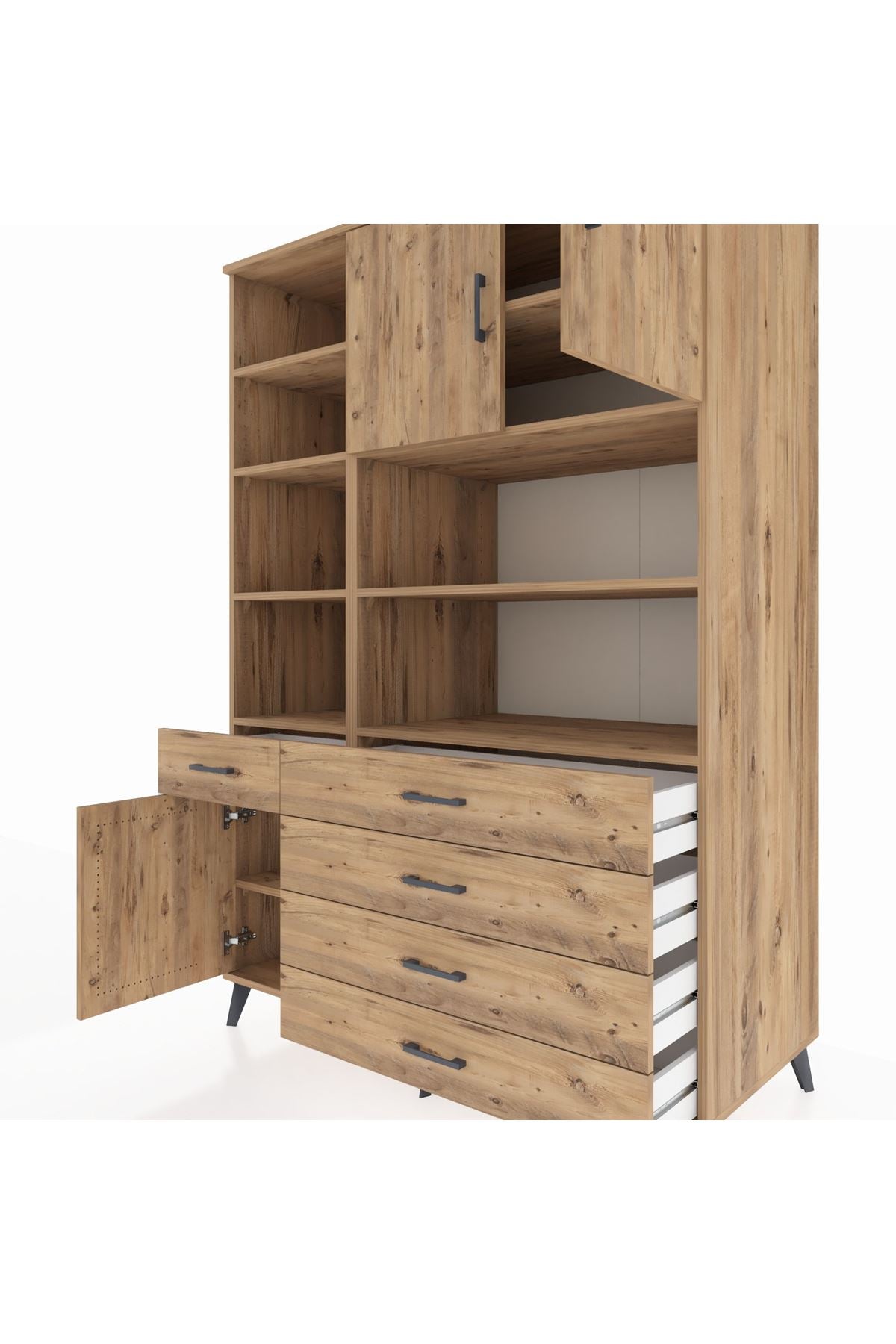 Kronos Dolap 9 Raflı 5 Çekmeceli 3 Kapaklı 132x59x195 Çam-Çam/Çam