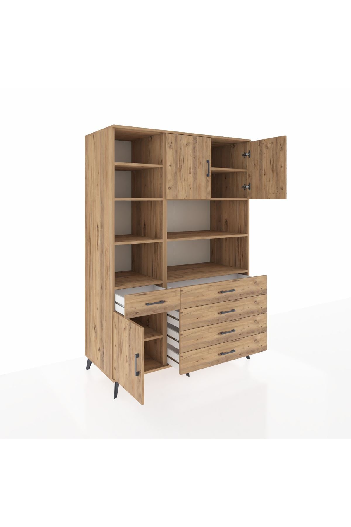 Kronos Dolap 9 Raflı 5 Çekmeceli 3 Kapaklı 132x59x195 Çam-Çam/Çam