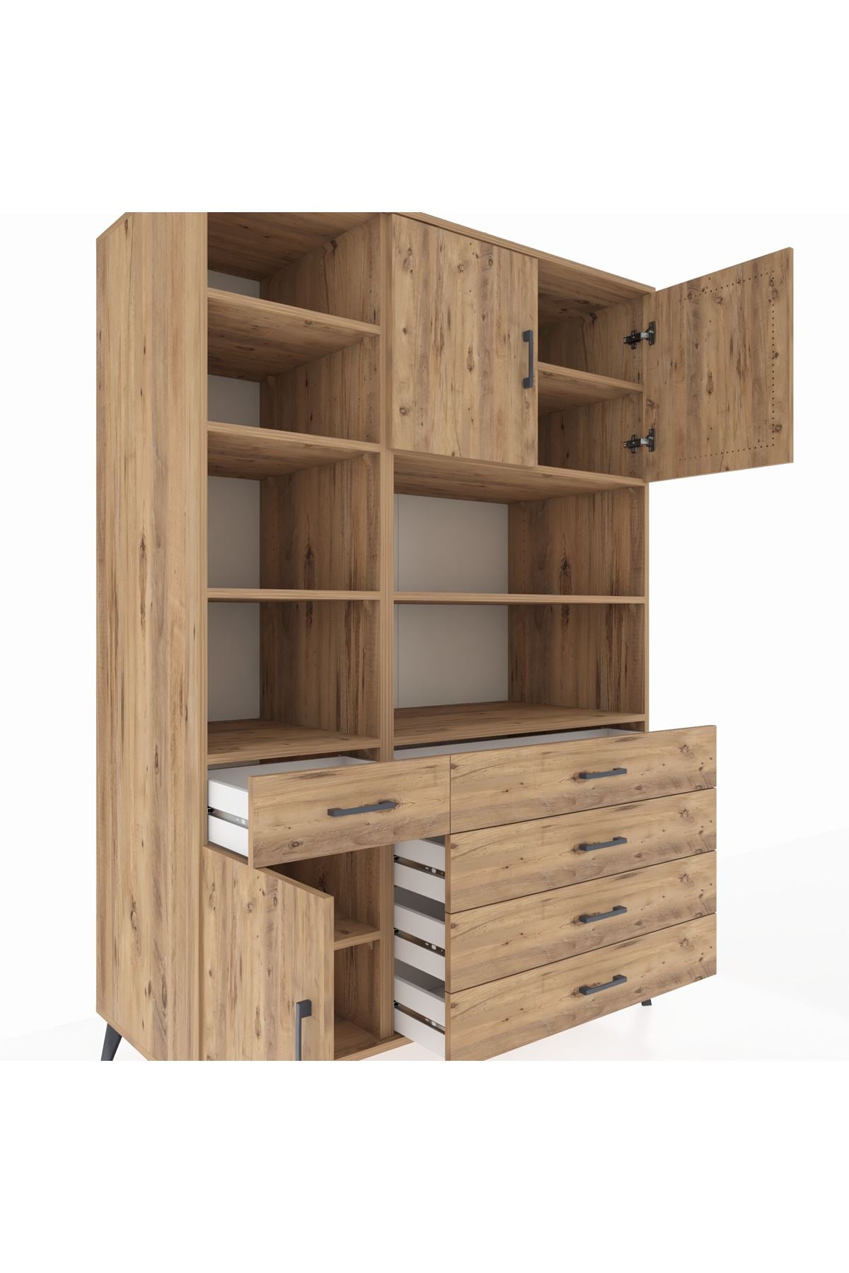 Kronos Dolap 9 Raflı 5 Çekmeceli 3 Kapaklı 132x59x195 Çam-Çam/Çam