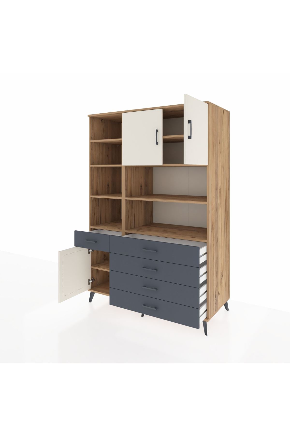 Kronos Dolap 9 Raflı 5 Çekmeceli 3 Kapaklı 132x59x195 Çam-Aytaşı/Antrasit