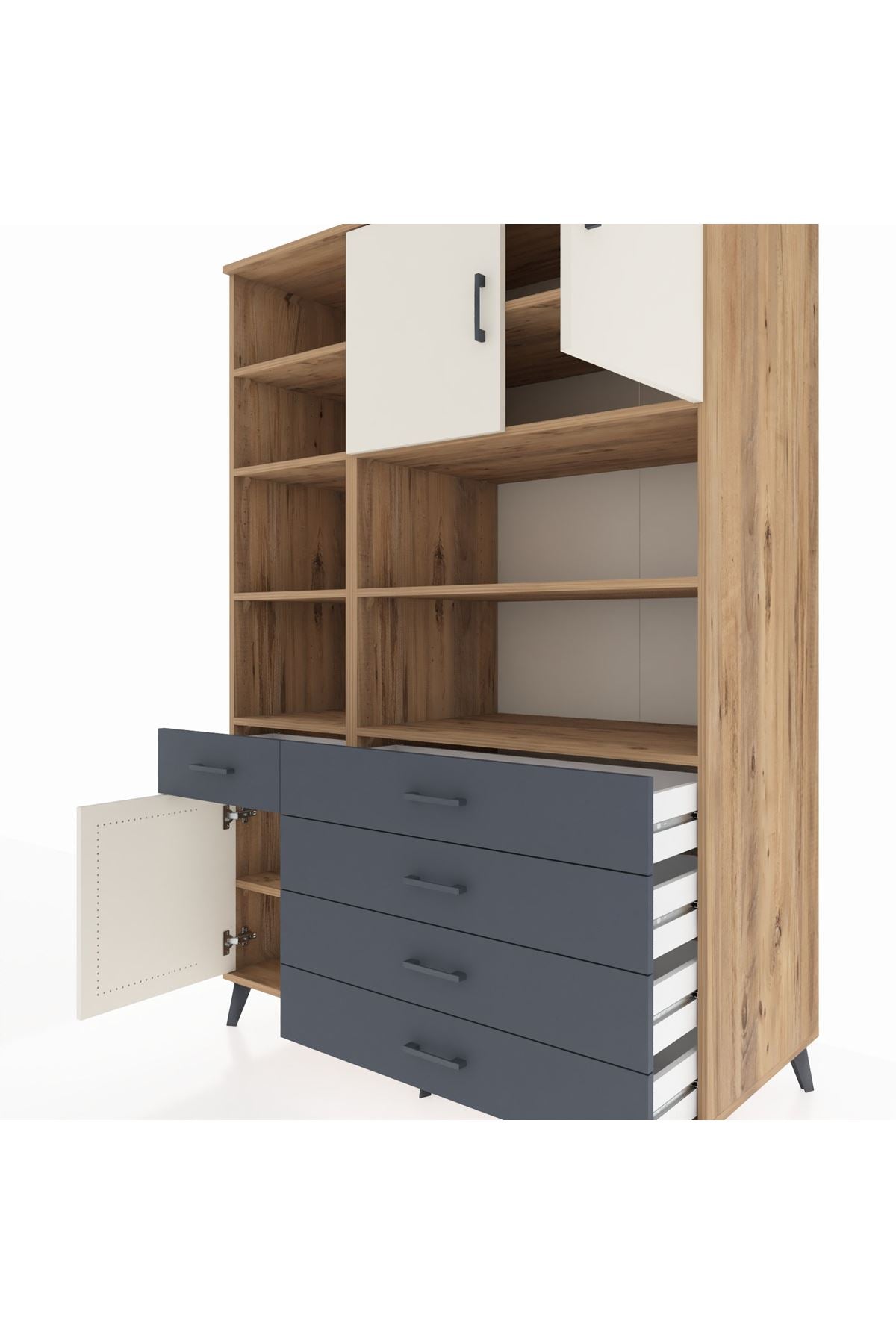 Kronos Dolap 9 Raflı 5 Çekmeceli 3 Kapaklı 132x59x195 Çam-Aytaşı/Antrasit