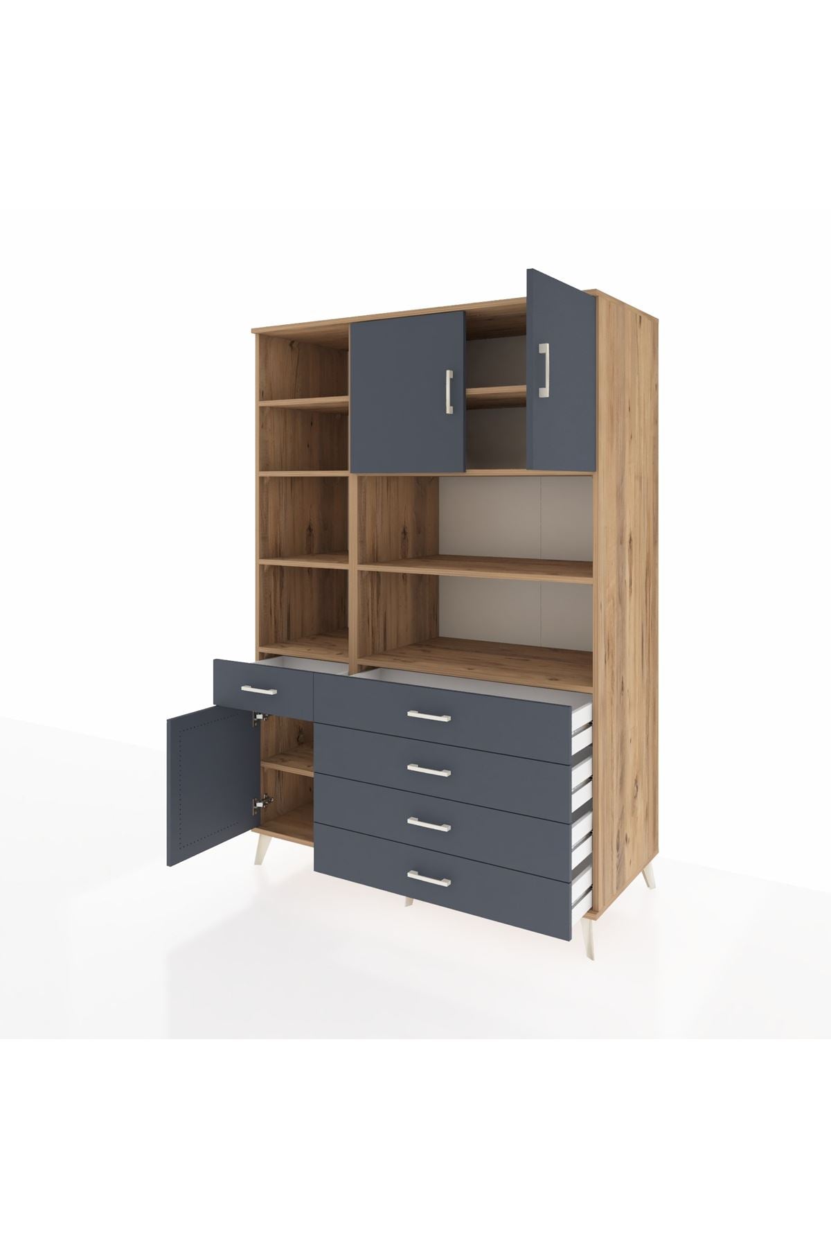 Kronos Dolap 9 Raflı 5 Çekmeceli 3 Kapaklı 132x59x195 Çam-Antrasit/Antrasit