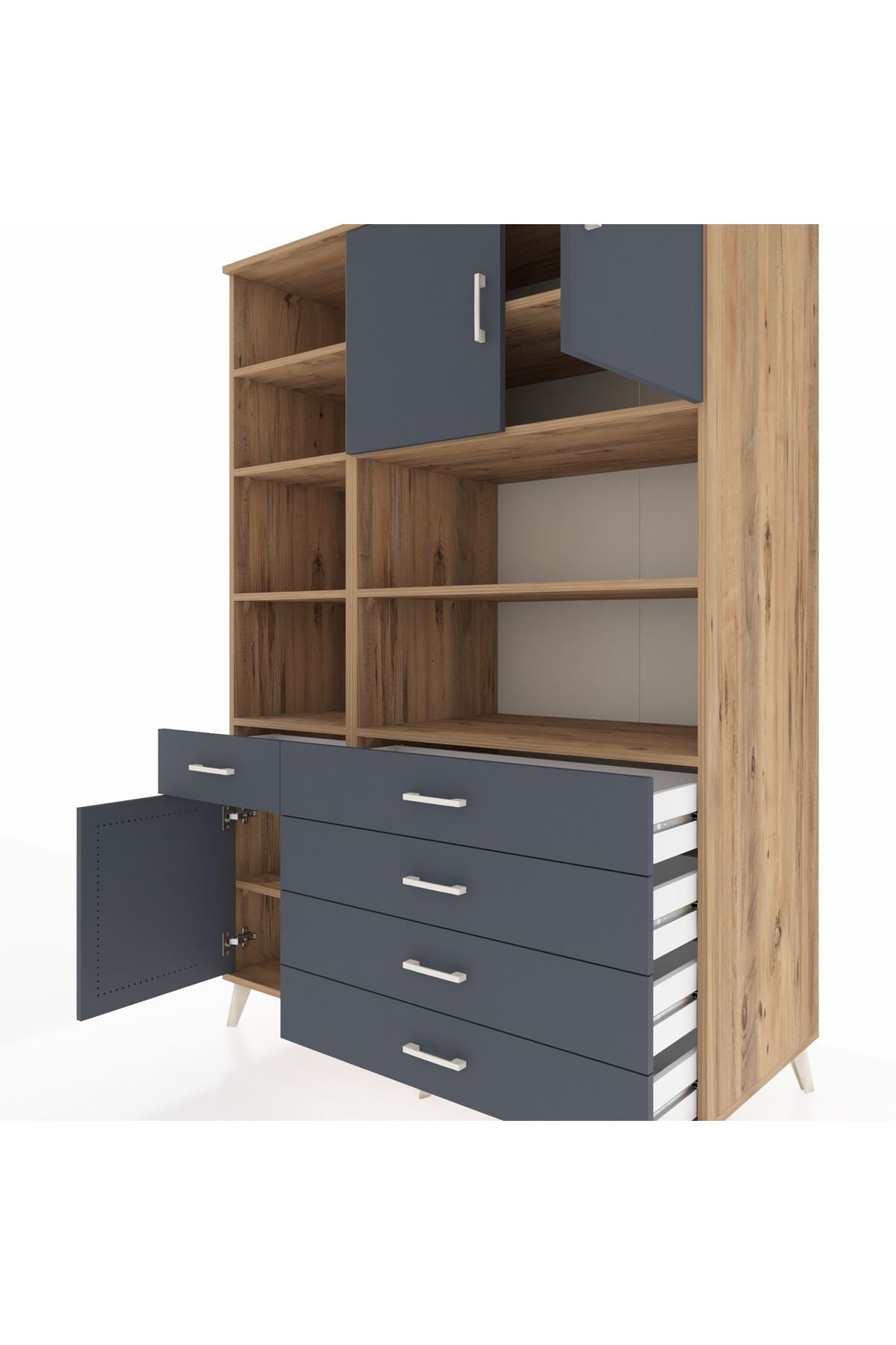 Kronos Dolap 9 Raflı 5 Çekmeceli 3 Kapaklı 132x59x195 Çam-Antrasit/Antrasit