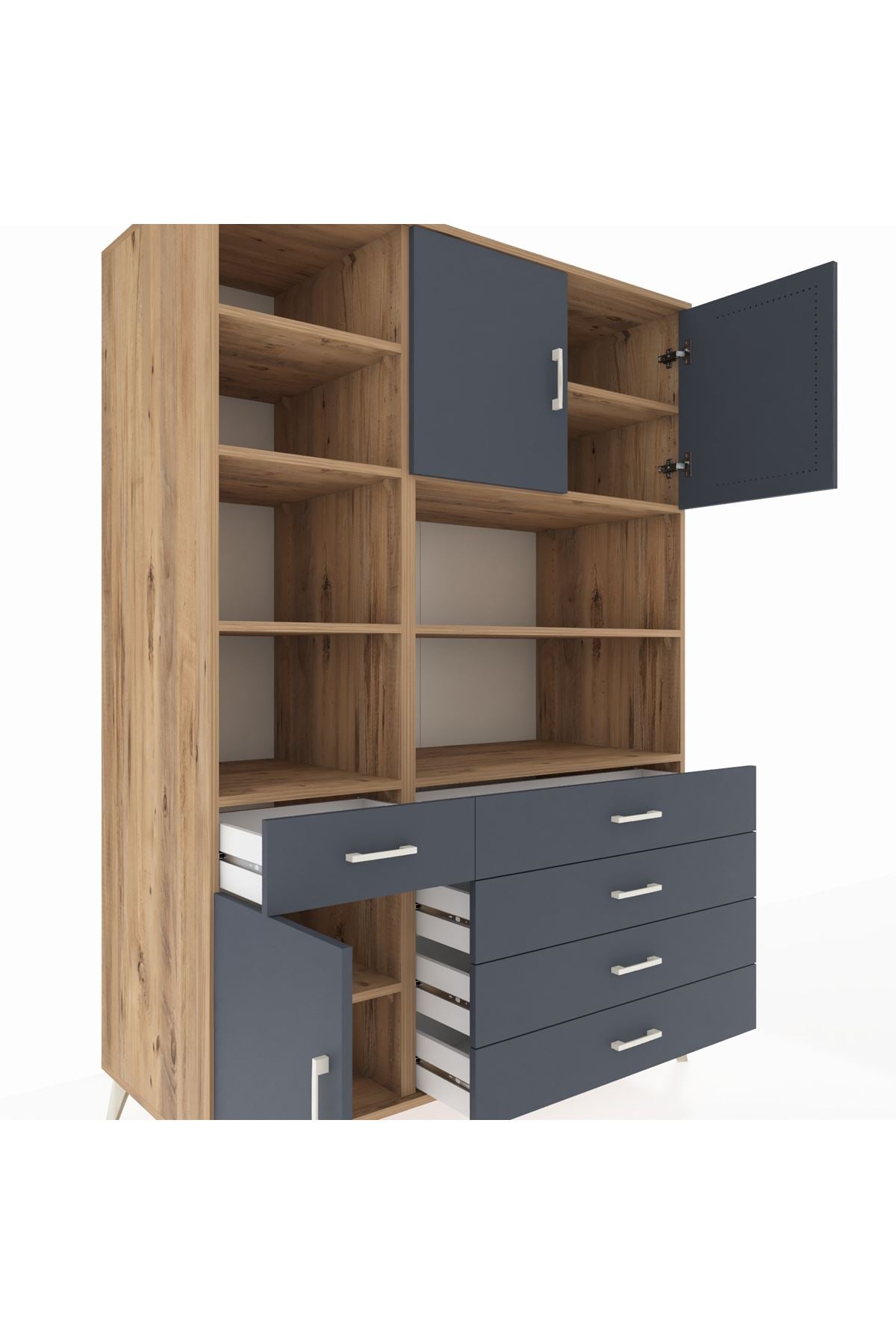 Kronos Dolap 9 Raflı 5 Çekmeceli 3 Kapaklı 132x59x195 Çam-Antrasit/Antrasit