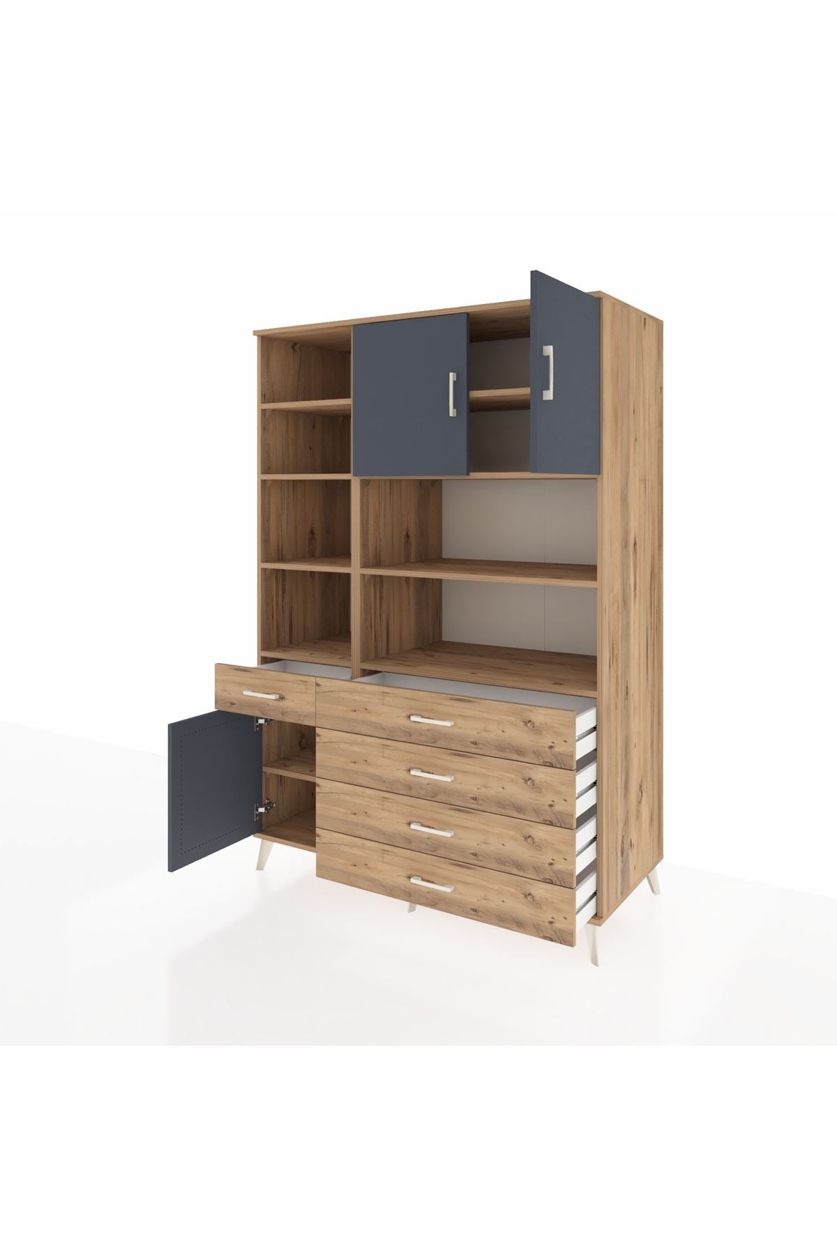 Kronos Dolap 9 Raflı 5 Çekmeceli 3 Kapaklı 132x59x195 Çam-Antrasit/Çam