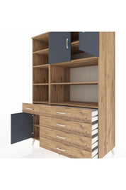 Kronos Dolap 9 Raflı 5 Çekmeceli 3 Kapaklı 132x59x195 Çam-Antrasit/Çam