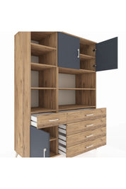 Kronos Dolap 9 Raflı 5 Çekmeceli 3 Kapaklı 132x59x195 Çam-Antrasit/Çam