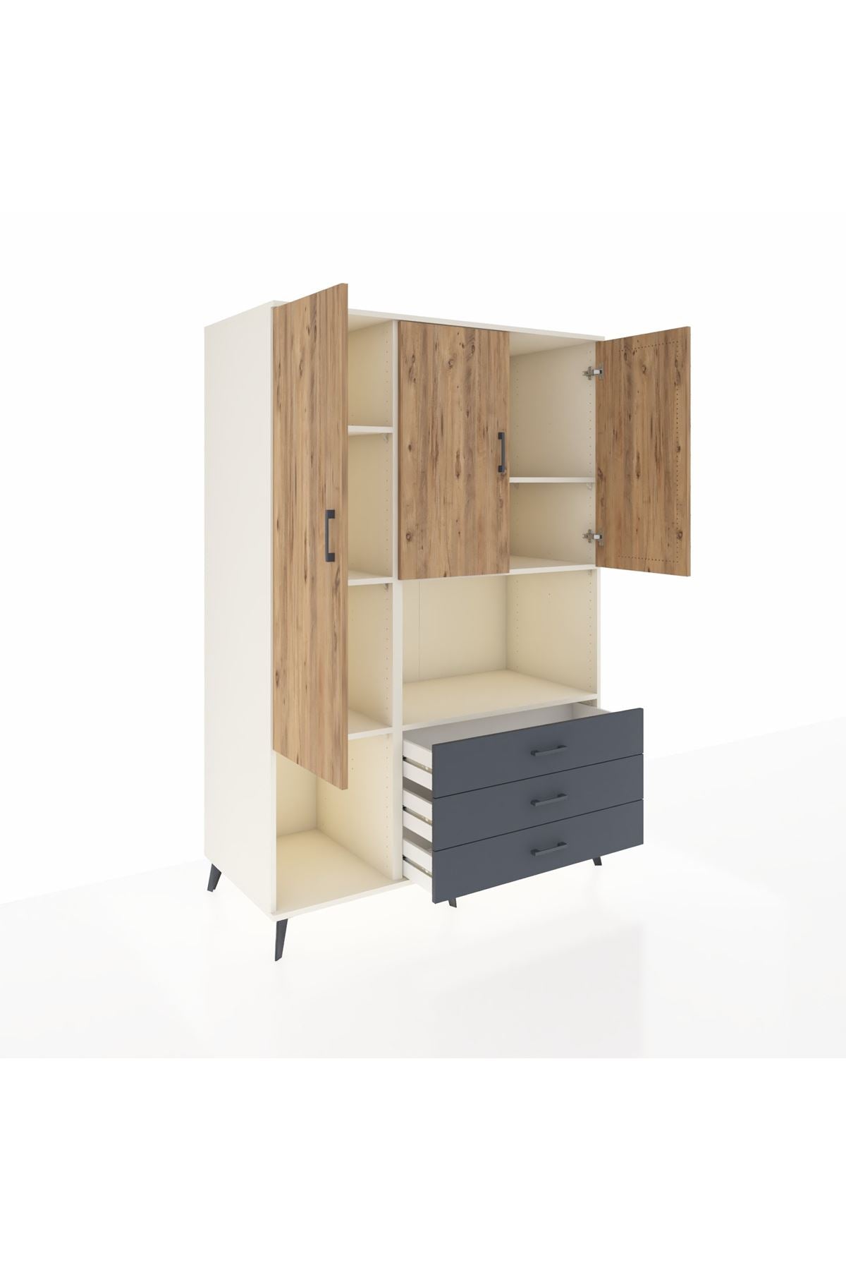 Kronos Dolap 6 Raflı 3 Çekmeceli 3 Kapaklı 132x59x195 Aytaşı-Çam/Antrasit