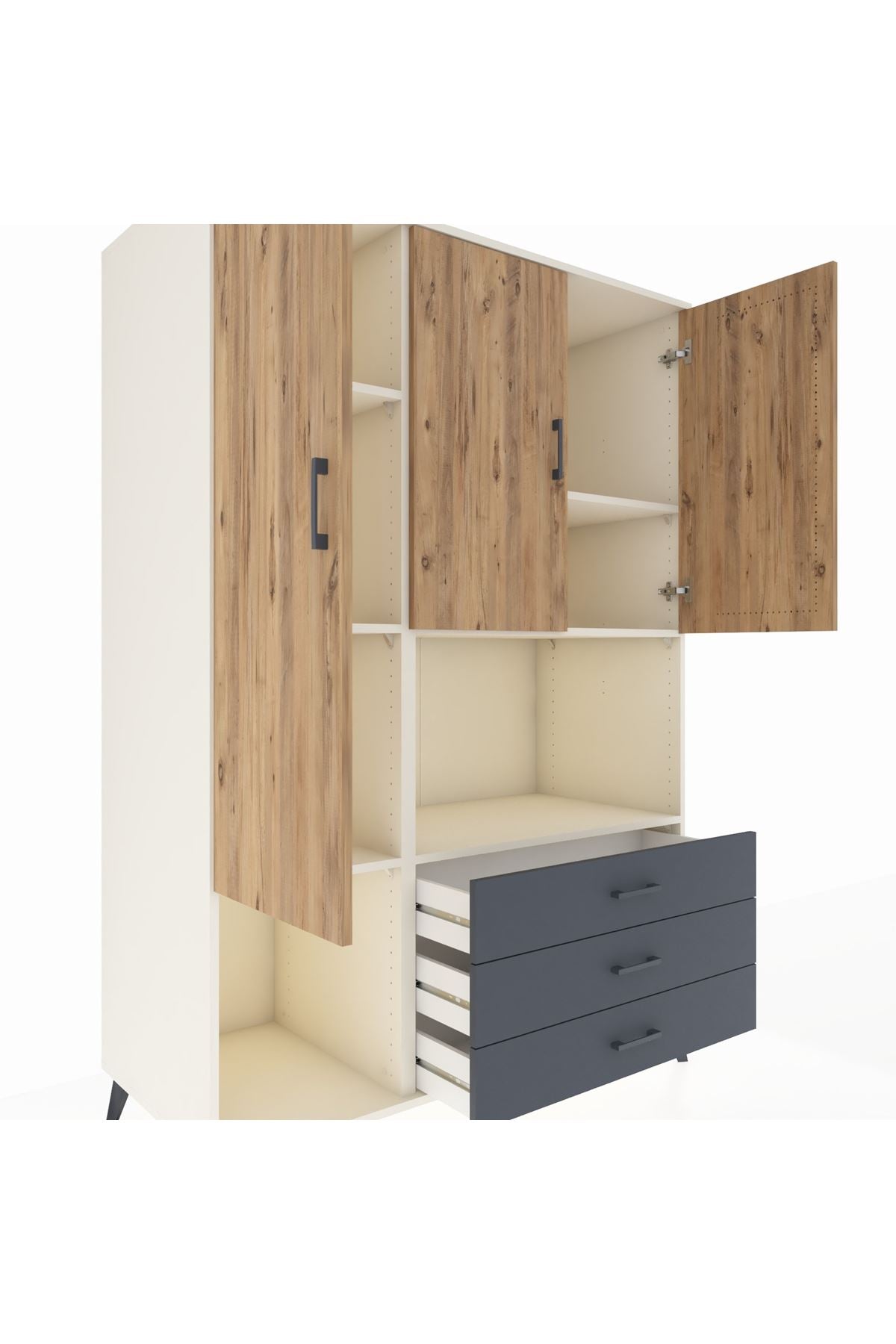 Kronos Dolap 6 Raflı 3 Çekmeceli 3 Kapaklı 132x59x195 Aytaşı-Çam/Antrasit