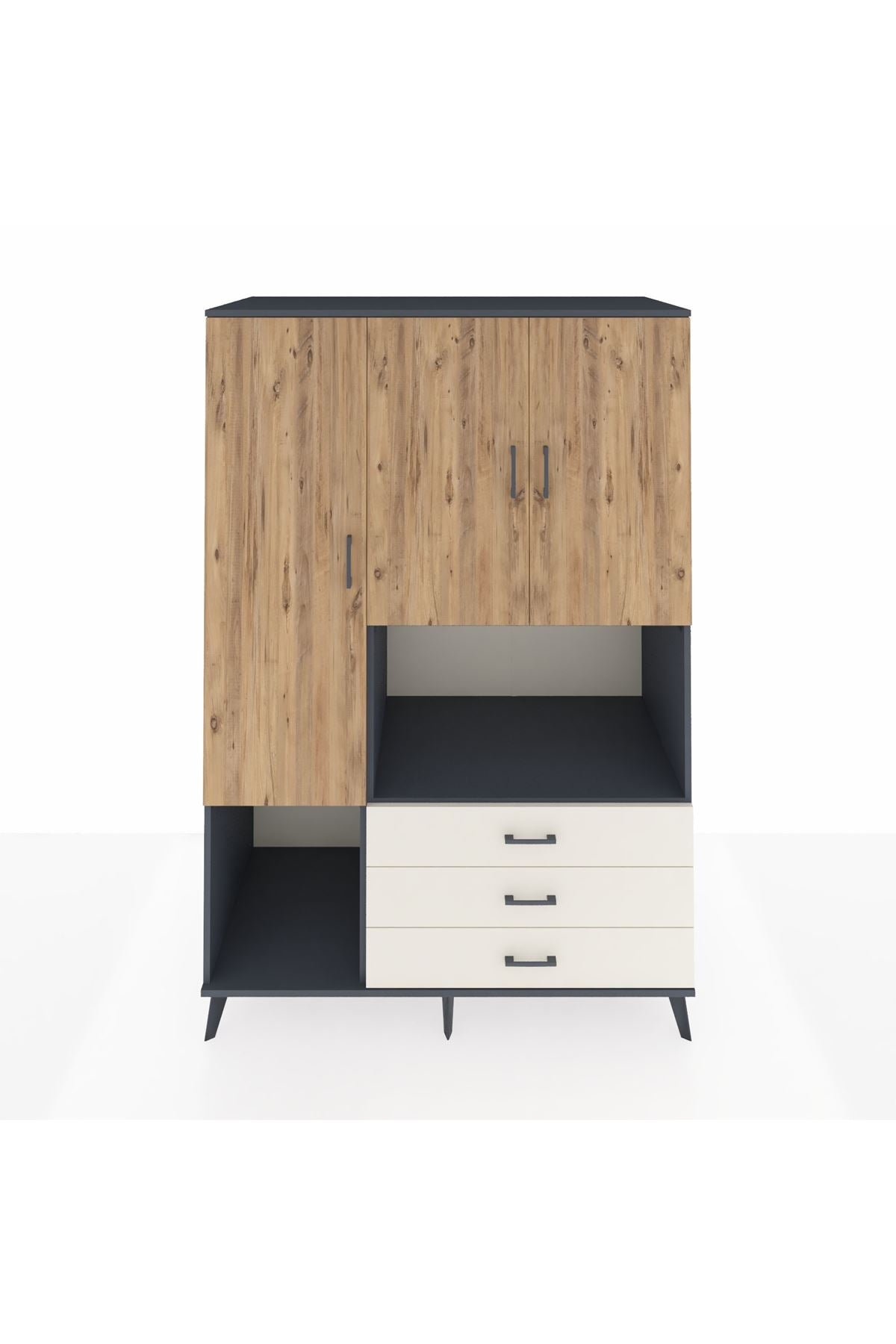 Kronos Dolap 6 Raflı 3 Çekmeceli 3 Kapaklı 132x59x195 Antrasit-Çam/Aytaşı