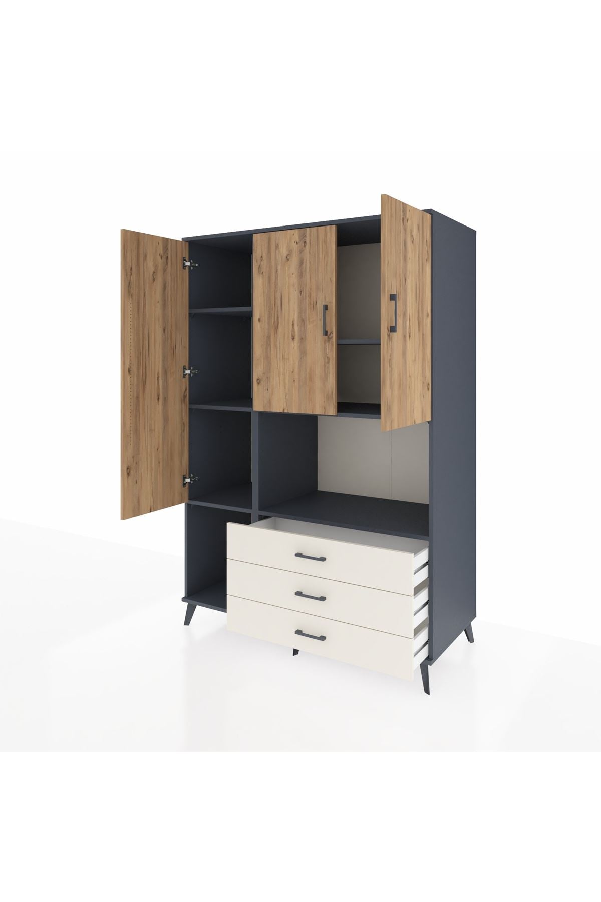 Kronos Dolap 6 Raflı 3 Çekmeceli 3 Kapaklı 132x59x195 Antrasit-Çam/Aytaşı