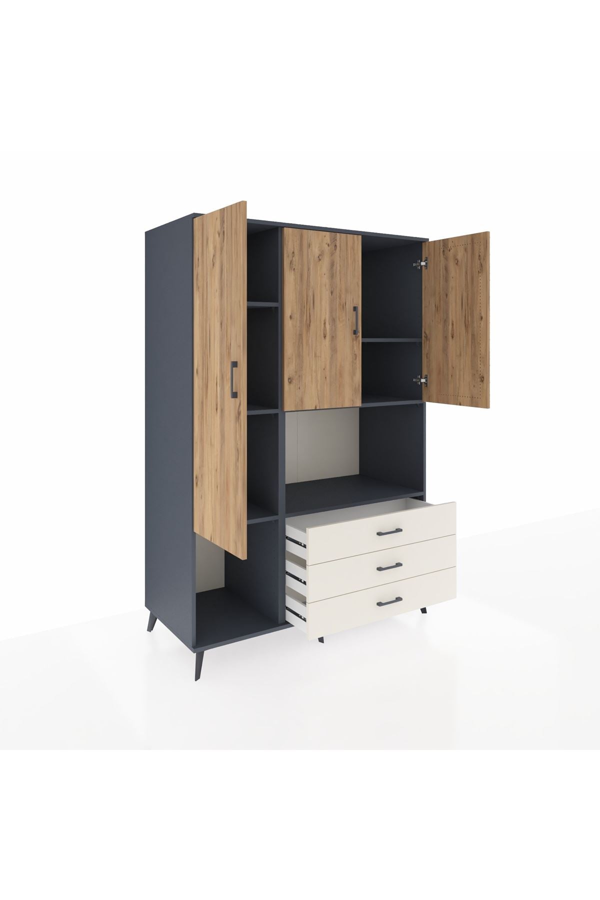 Kronos Dolap 6 Raflı 3 Çekmeceli 3 Kapaklı 132x59x195 Antrasit-Çam/Aytaşı