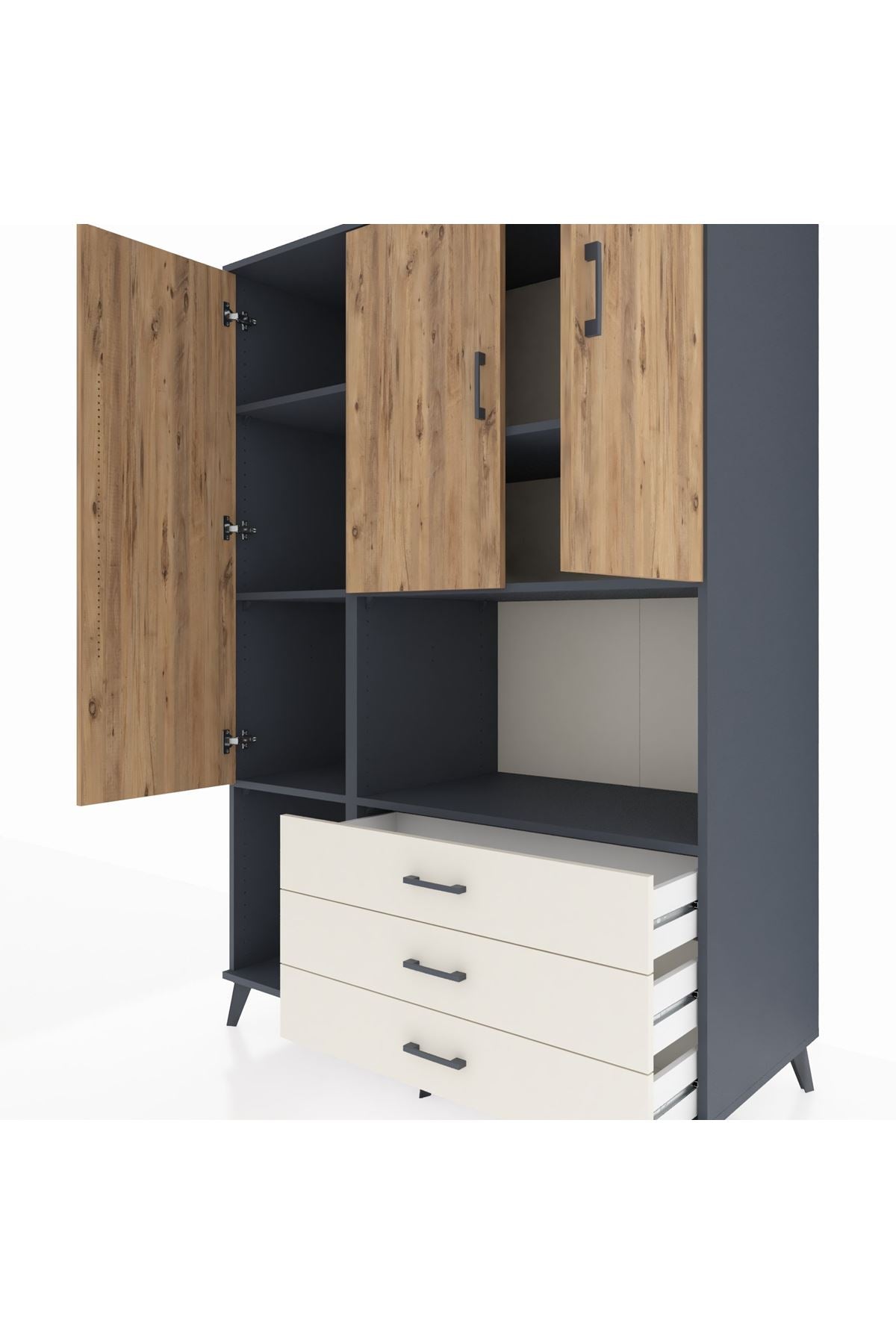 Kronos Dolap 6 Raflı 3 Çekmeceli 3 Kapaklı 132x59x195 Antrasit-Çam/Aytaşı