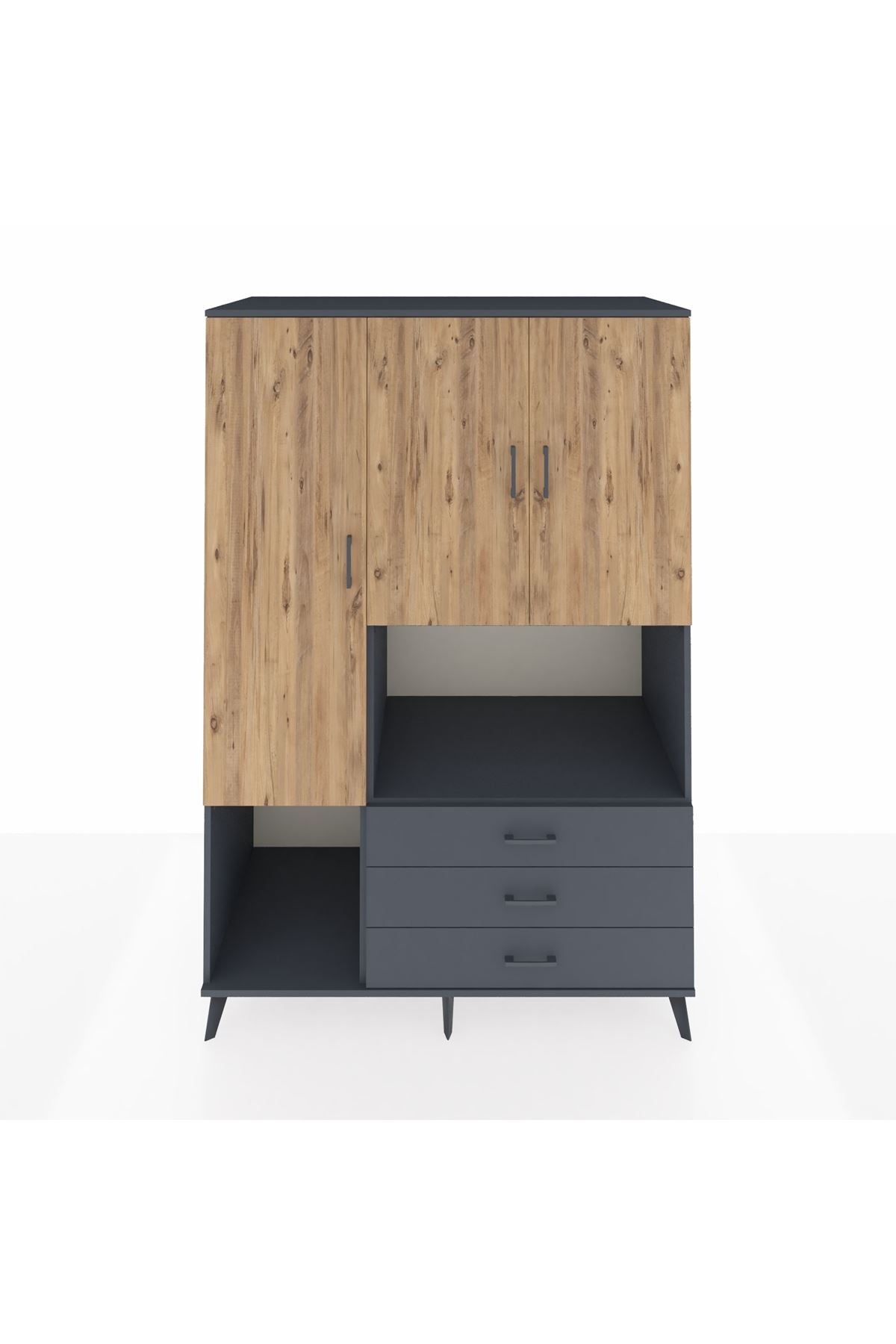 Kronos Dolap 6 Raflı 3 Çekmeceli 3 Kapaklı 132x59x195 Antrasit-Çam/Antrasit