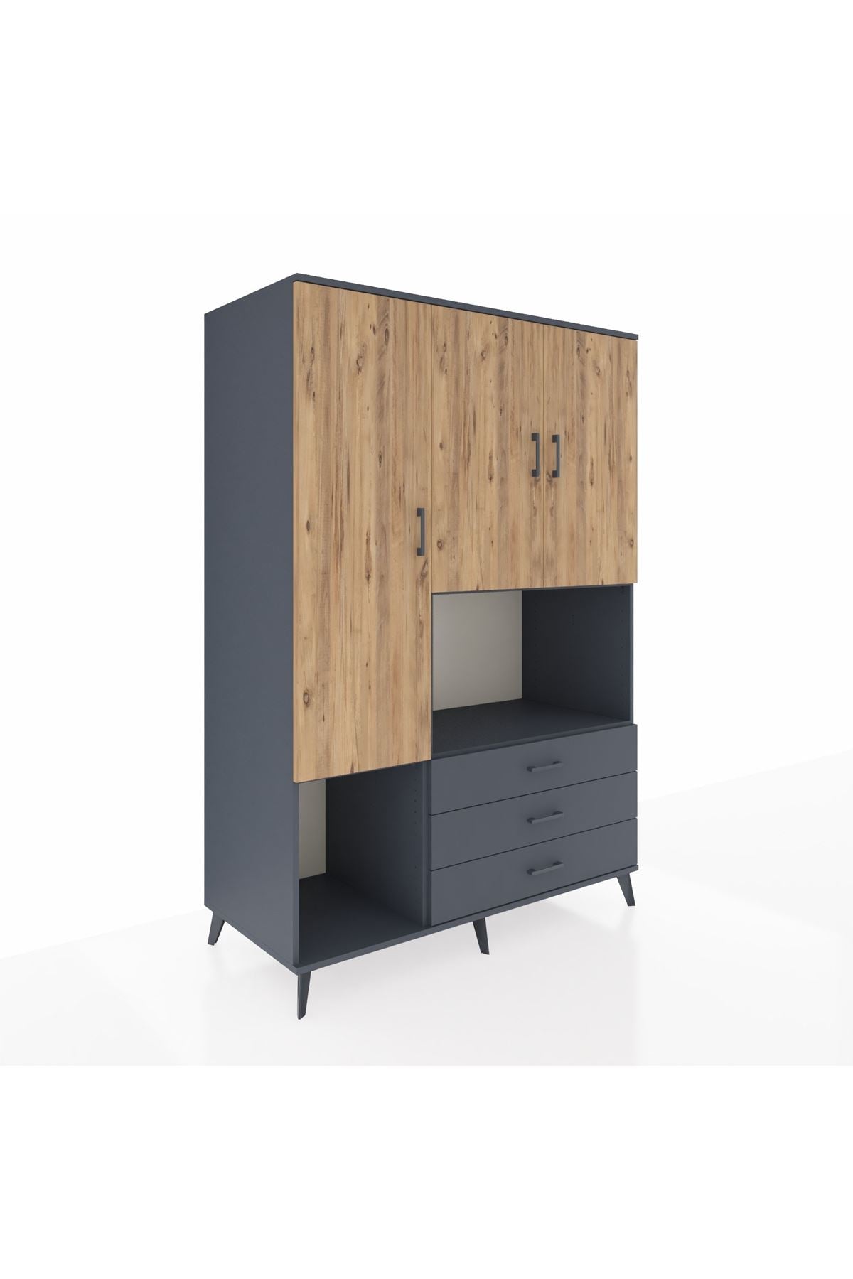 Kronos Dolap 6 Raflı 3 Çekmeceli 3 Kapaklı 132x59x195 Antrasit-Çam/Antrasit