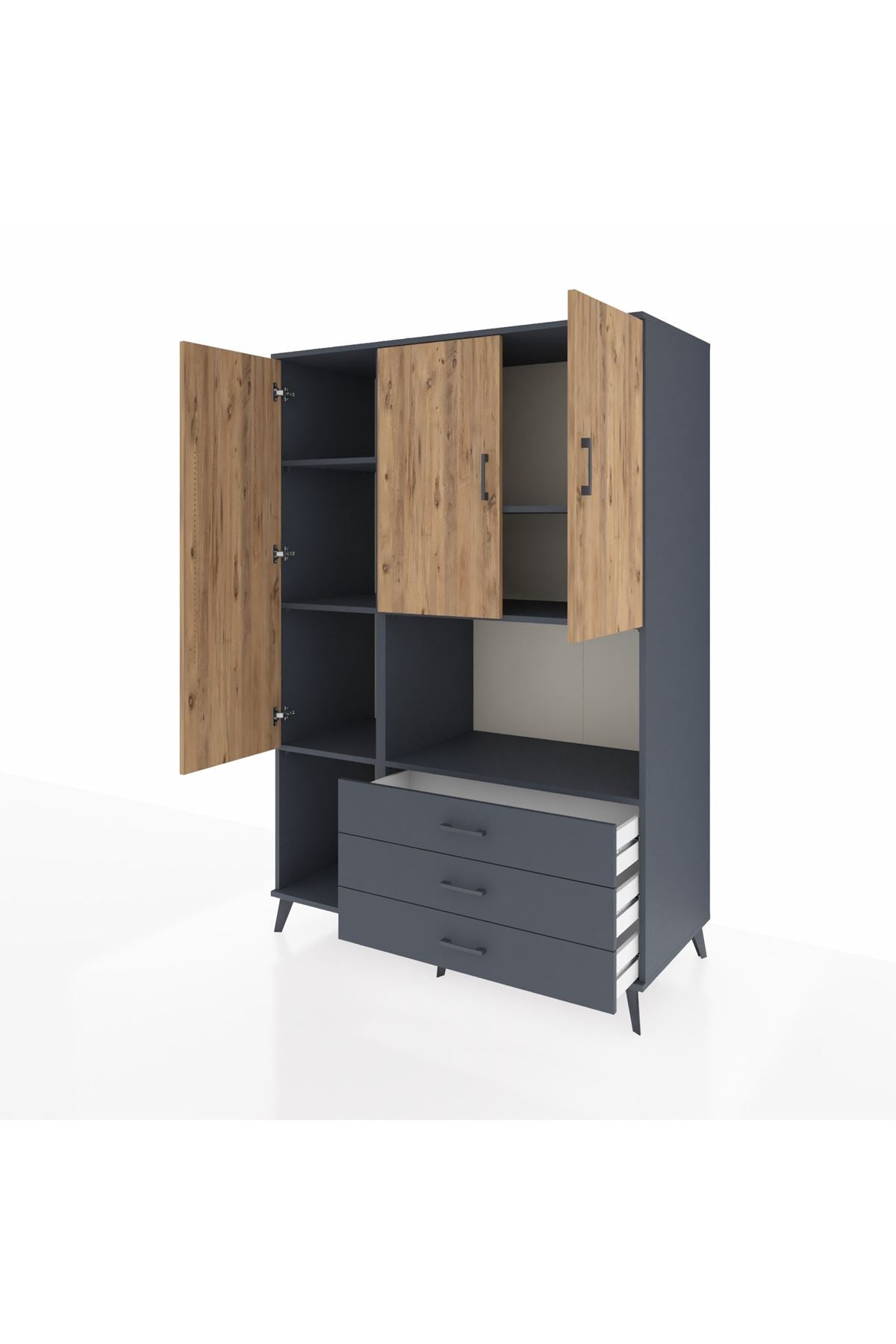 Kronos Dolap 6 Raflı 3 Çekmeceli 3 Kapaklı 132x59x195 Antrasit-Çam/Antrasit