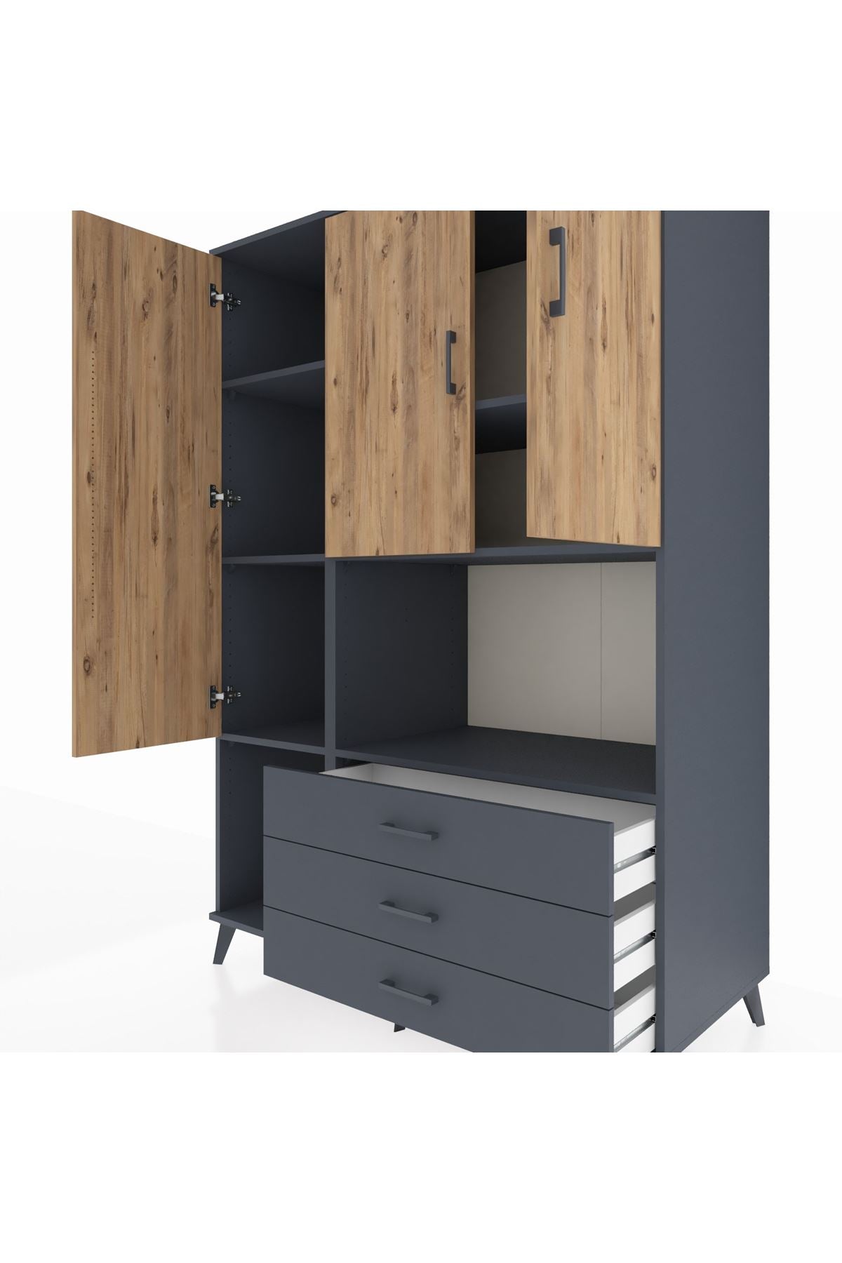 Kronos Dolap 6 Raflı 3 Çekmeceli 3 Kapaklı 132x59x195 Antrasit-Çam/Antrasit