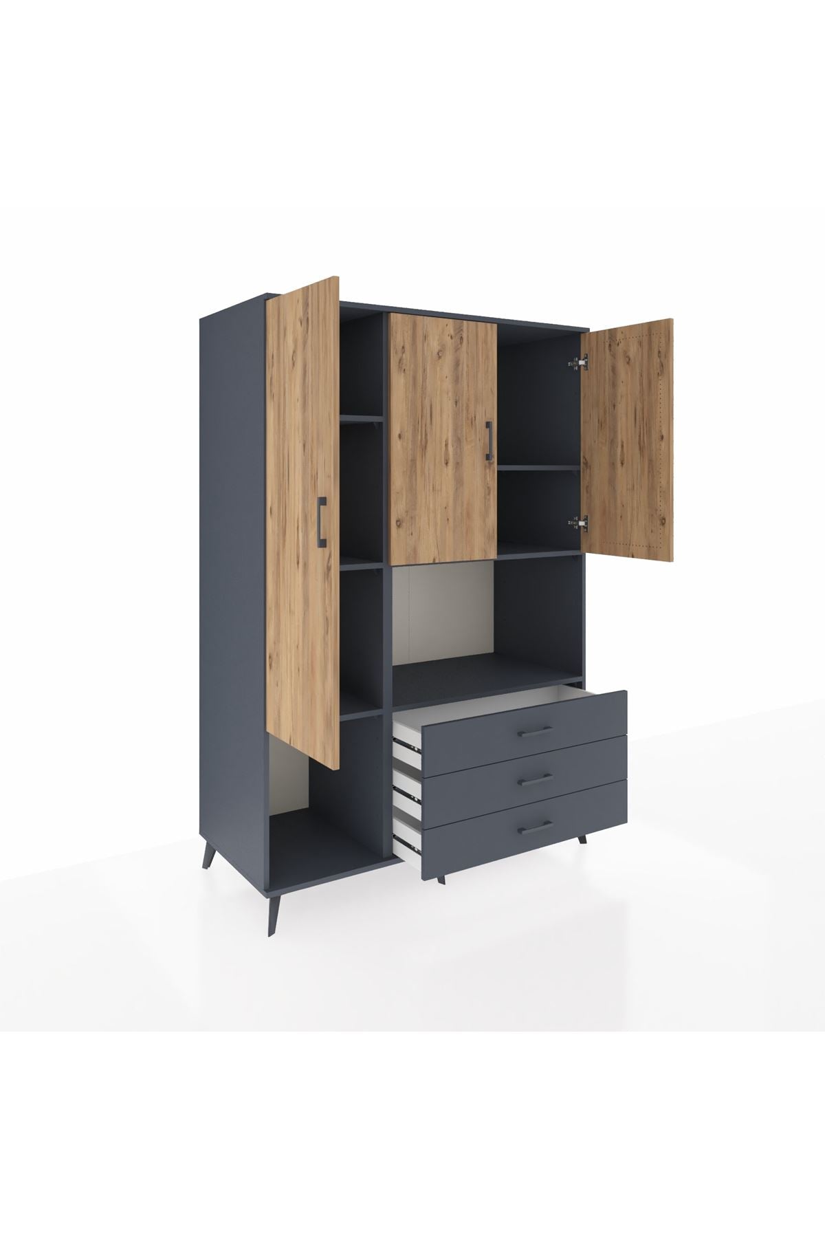 Kronos Dolap 6 Raflı 3 Çekmeceli 3 Kapaklı 132x59x195 Antrasit-Çam/Antrasit