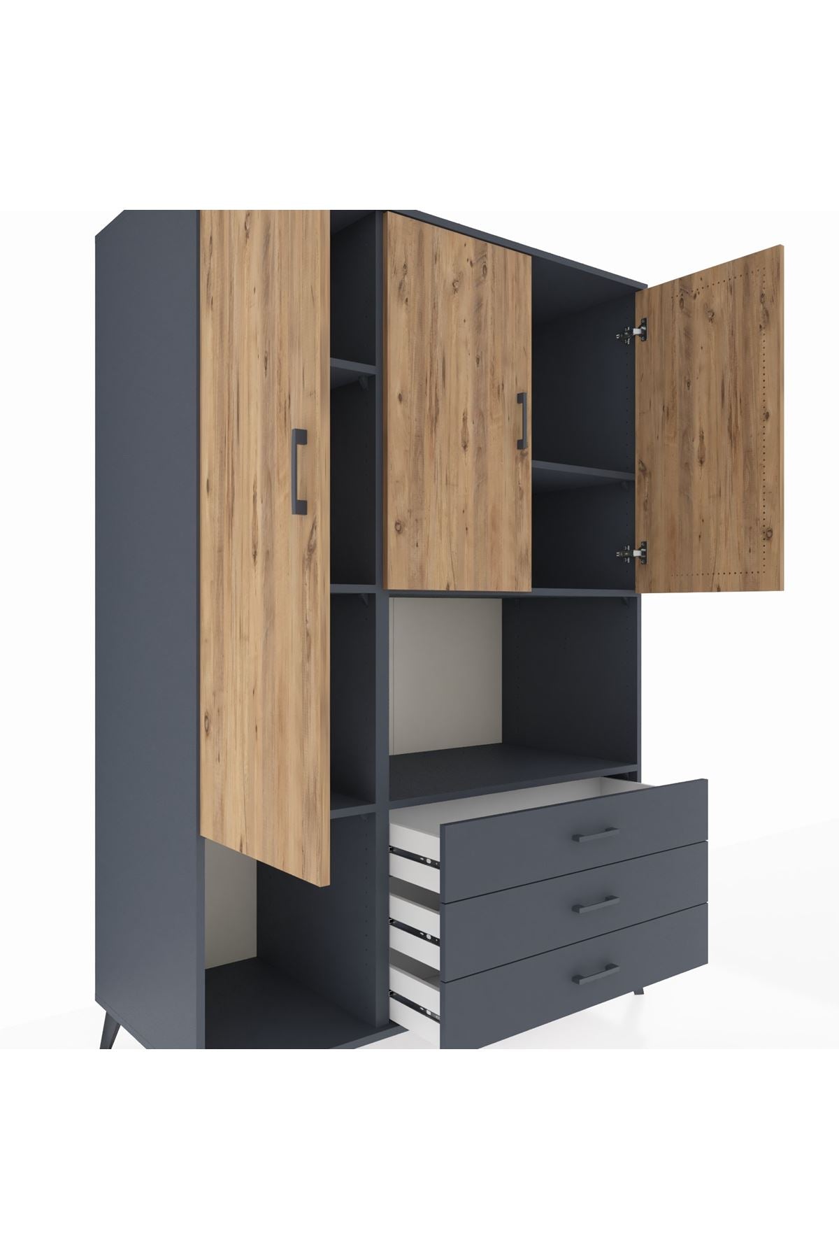 Kronos Dolap 6 Raflı 3 Çekmeceli 3 Kapaklı 132x59x195 Antrasit-Çam/Antrasit