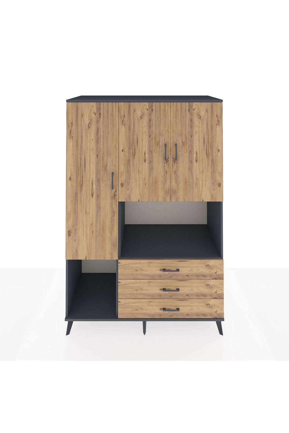 Kronos Dolap 6 Raflı 3 Çekmeceli 3 Kapaklı 132x59x195 Antrasit-Çam/Çam