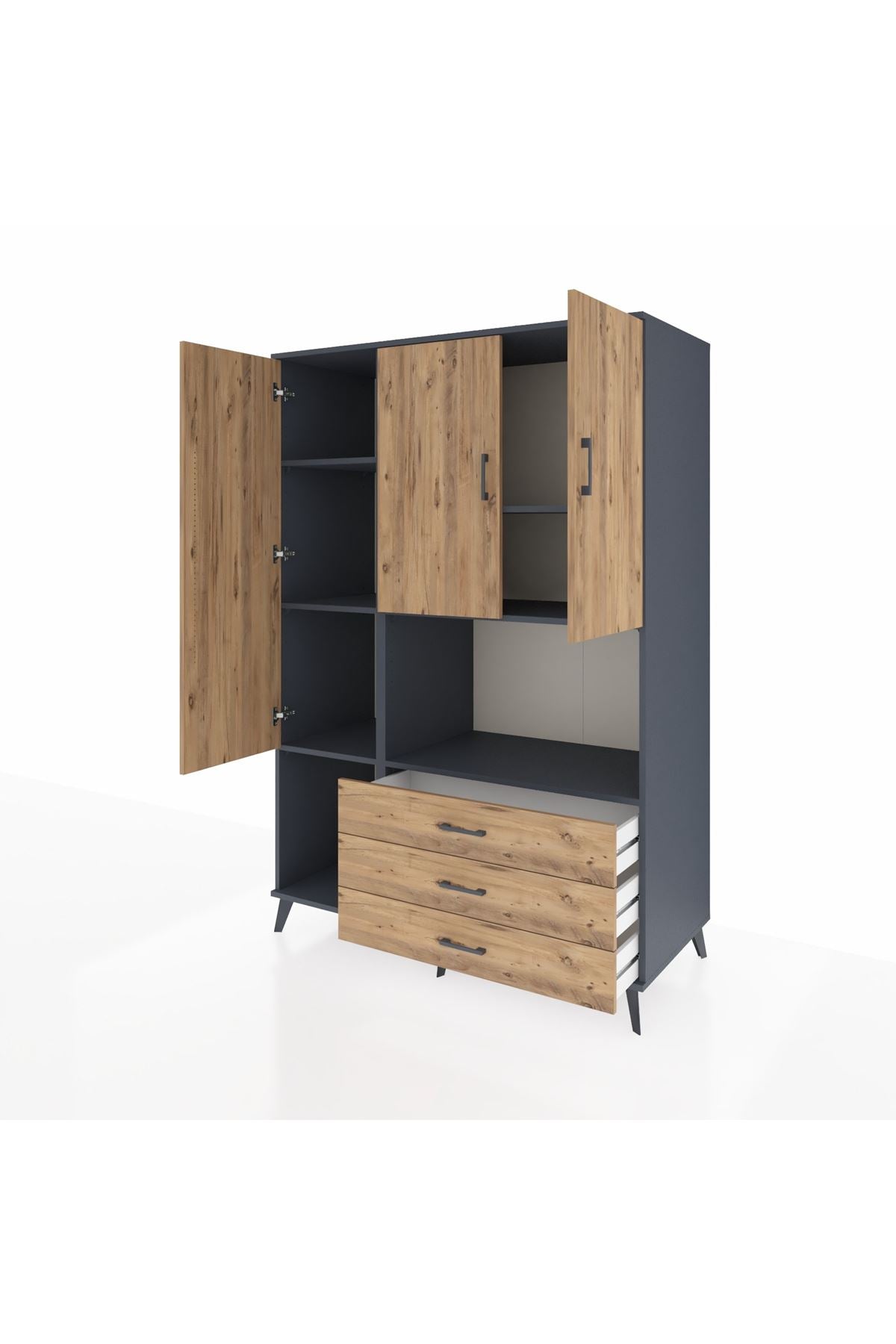 Kronos Dolap 6 Raflı 3 Çekmeceli 3 Kapaklı 132x59x195 Antrasit-Çam/Çam