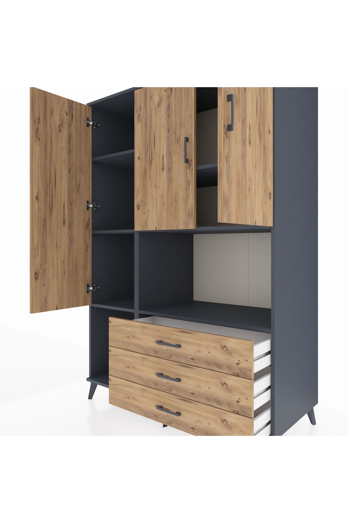 Kronos Dolap 6 Raflı 3 Çekmeceli 3 Kapaklı 132x59x195 Antrasit-Çam/Çam