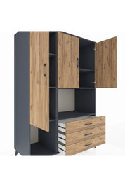 Kronos Dolap 6 Raflı 3 Çekmeceli 3 Kapaklı 132x59x195 Antrasit-Çam/Çam