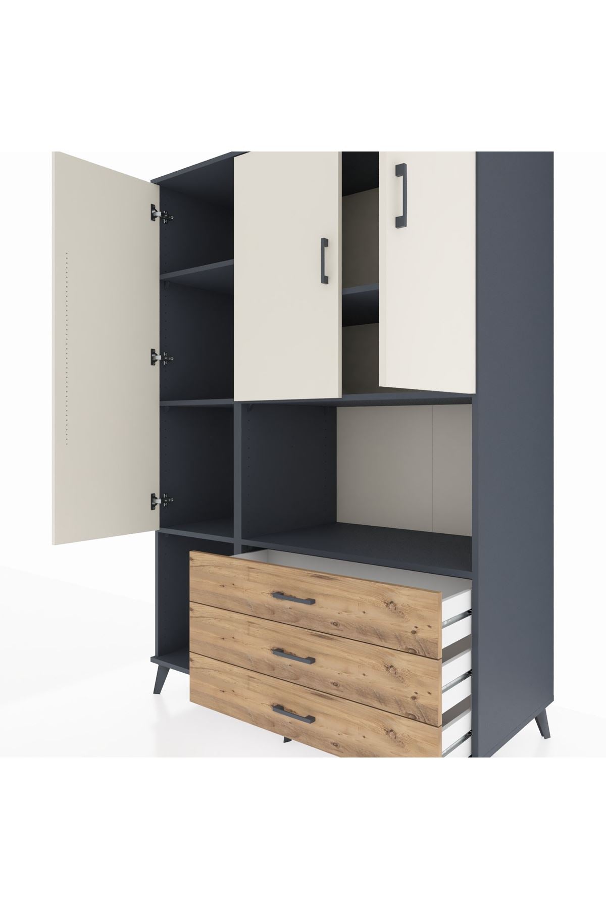 Kronos Dolap 6 Raflı 3 Çekmeceli 3 Kapaklı 132x59x195 Antrasit-Aytaşı/Çam