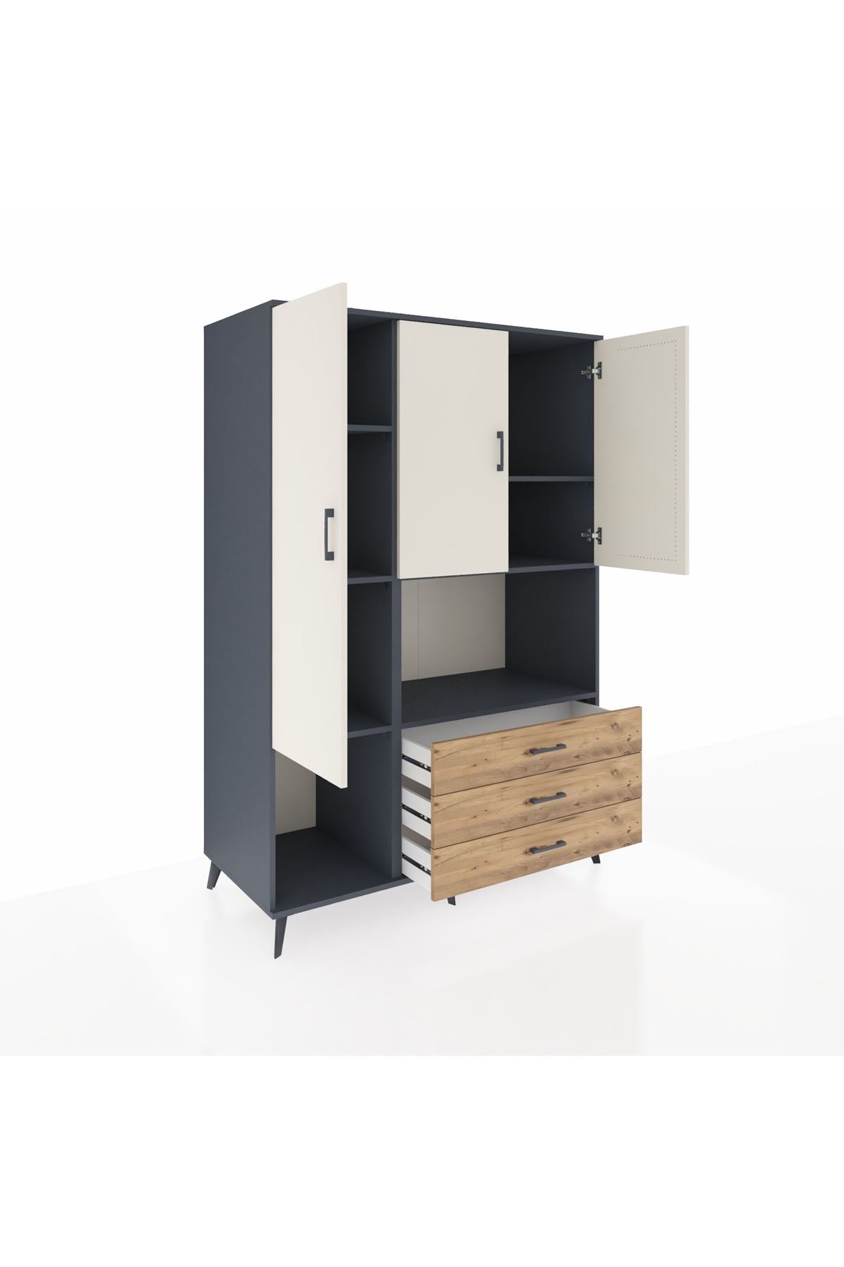 Kronos Dolap 6 Raflı 3 Çekmeceli 3 Kapaklı 132x59x195 Antrasit-Aytaşı/Çam