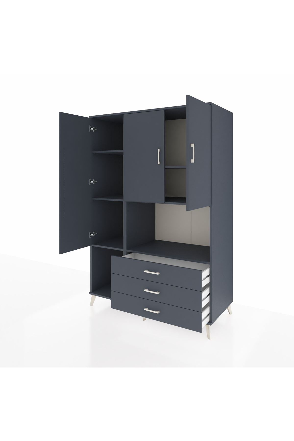 Kronos Dolap 6 Raflı 3 Çekmeceli 3 Kapaklı 132x59x195 Antrasit-Antrasit/Antrasit