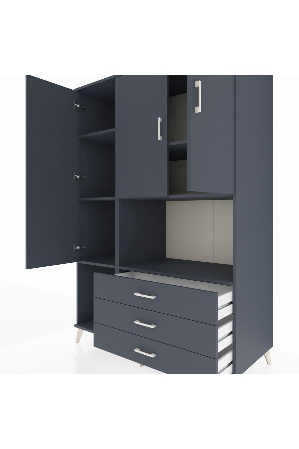 Kronos Dolap 6 Raflı 3 Çekmeceli 3 Kapaklı 132x59x195 Antrasit-Antrasit/Antrasit