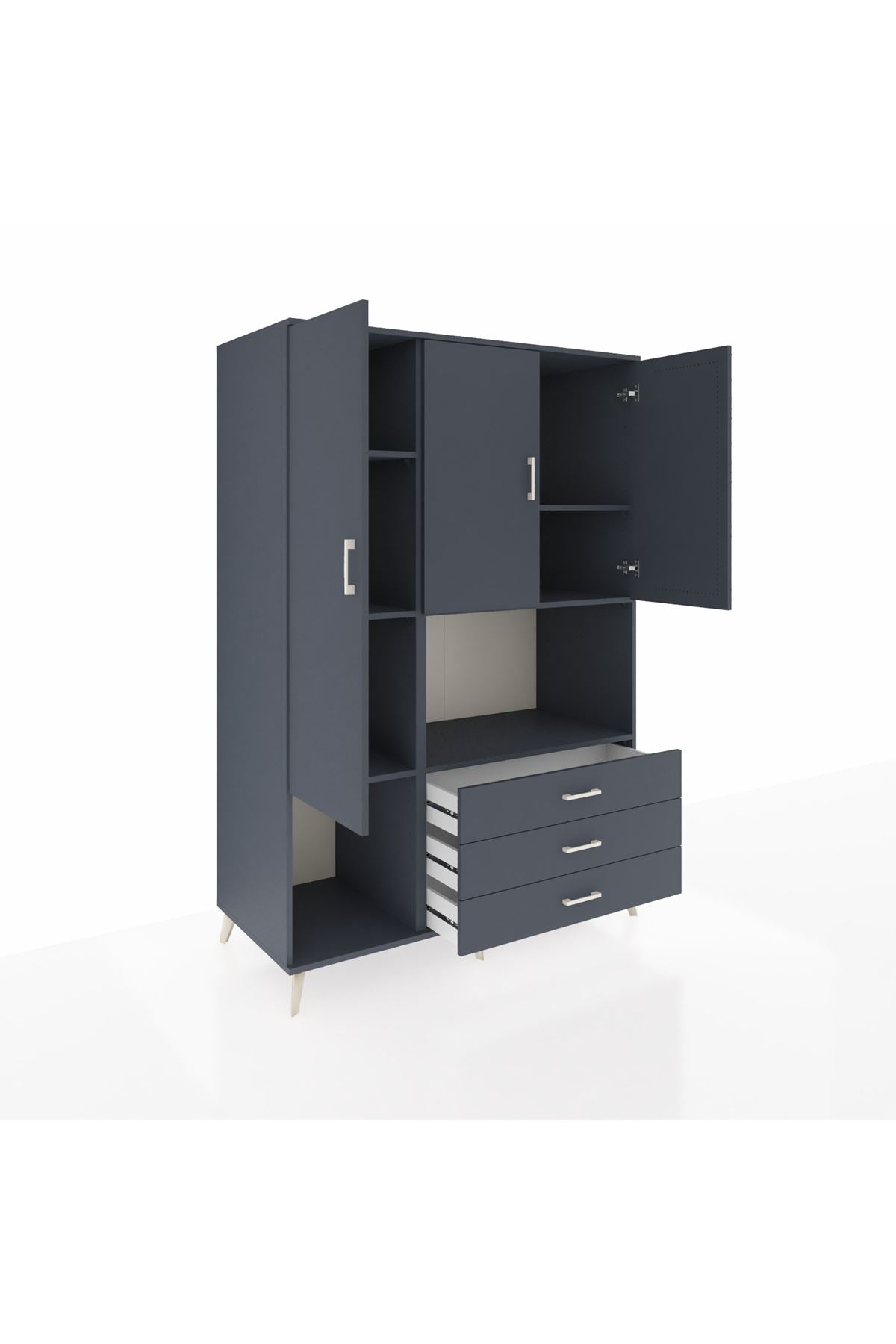 Kronos Dolap 6 Raflı 3 Çekmeceli 3 Kapaklı 132x59x195 Antrasit-Antrasit/Antrasit