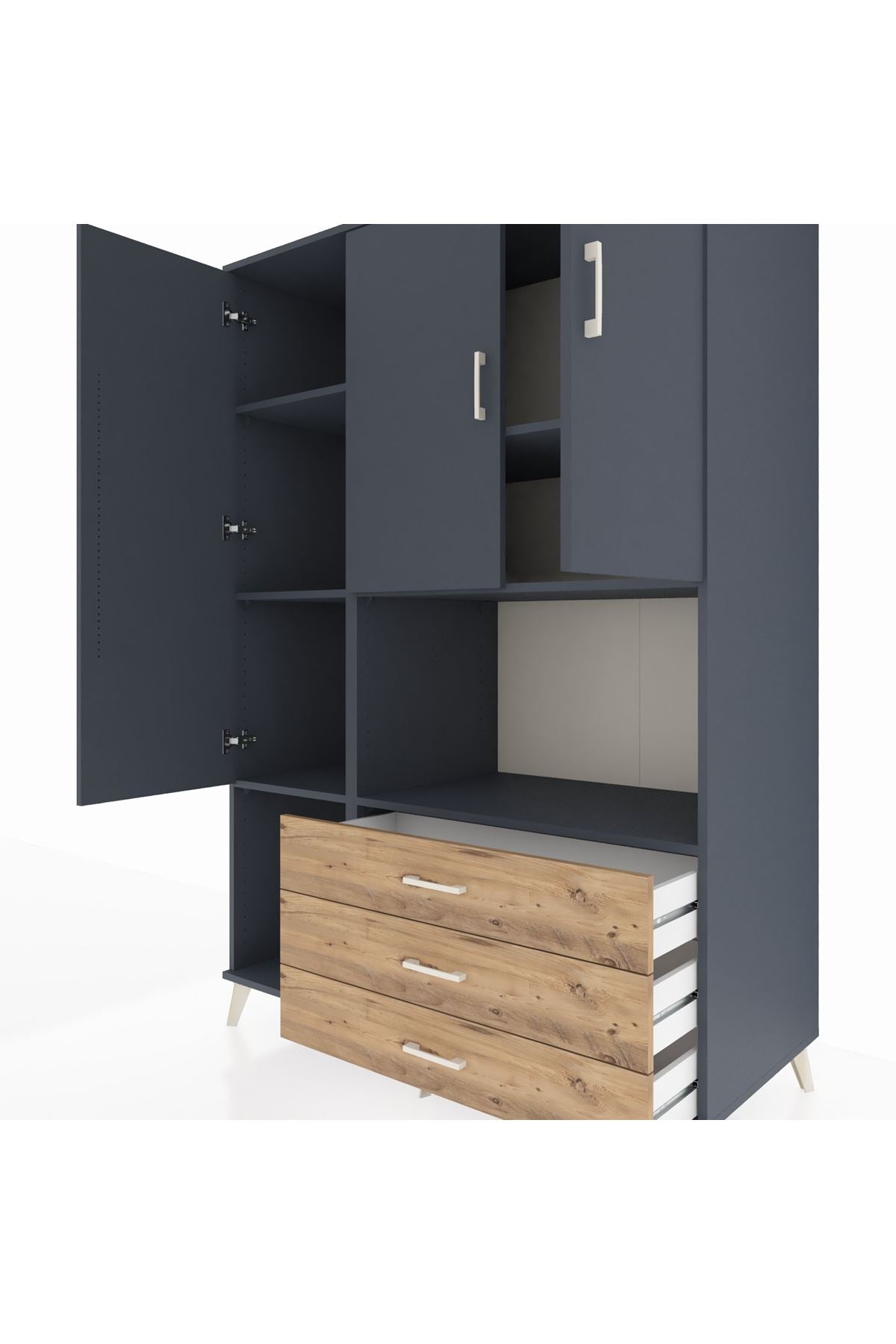 Kronos Dolap 6 Raflı 3 Çekmeceli 3 Kapaklı 132x59x195 Antrasit-Antrasit/Çam