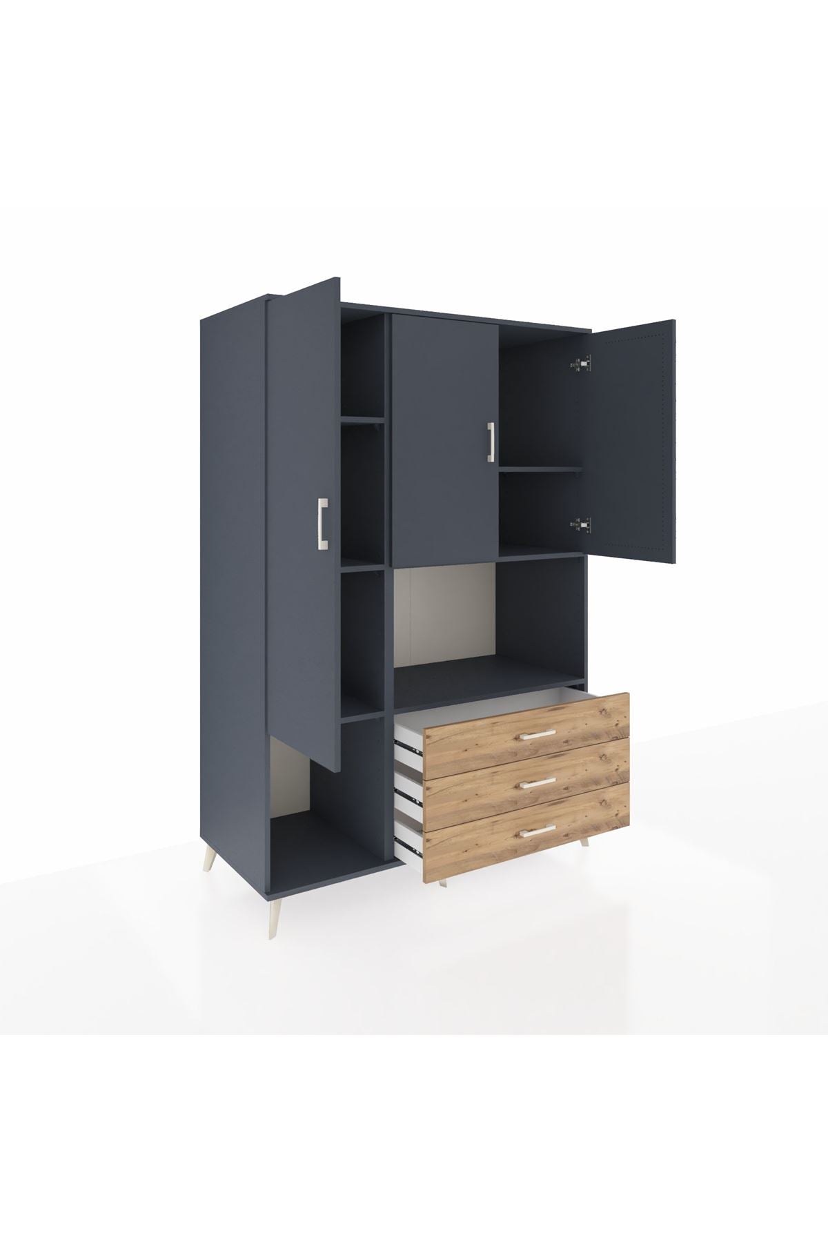 Kronos Dolap 6 Raflı 3 Çekmeceli 3 Kapaklı 132x59x195 Antrasit-Antrasit/Çam