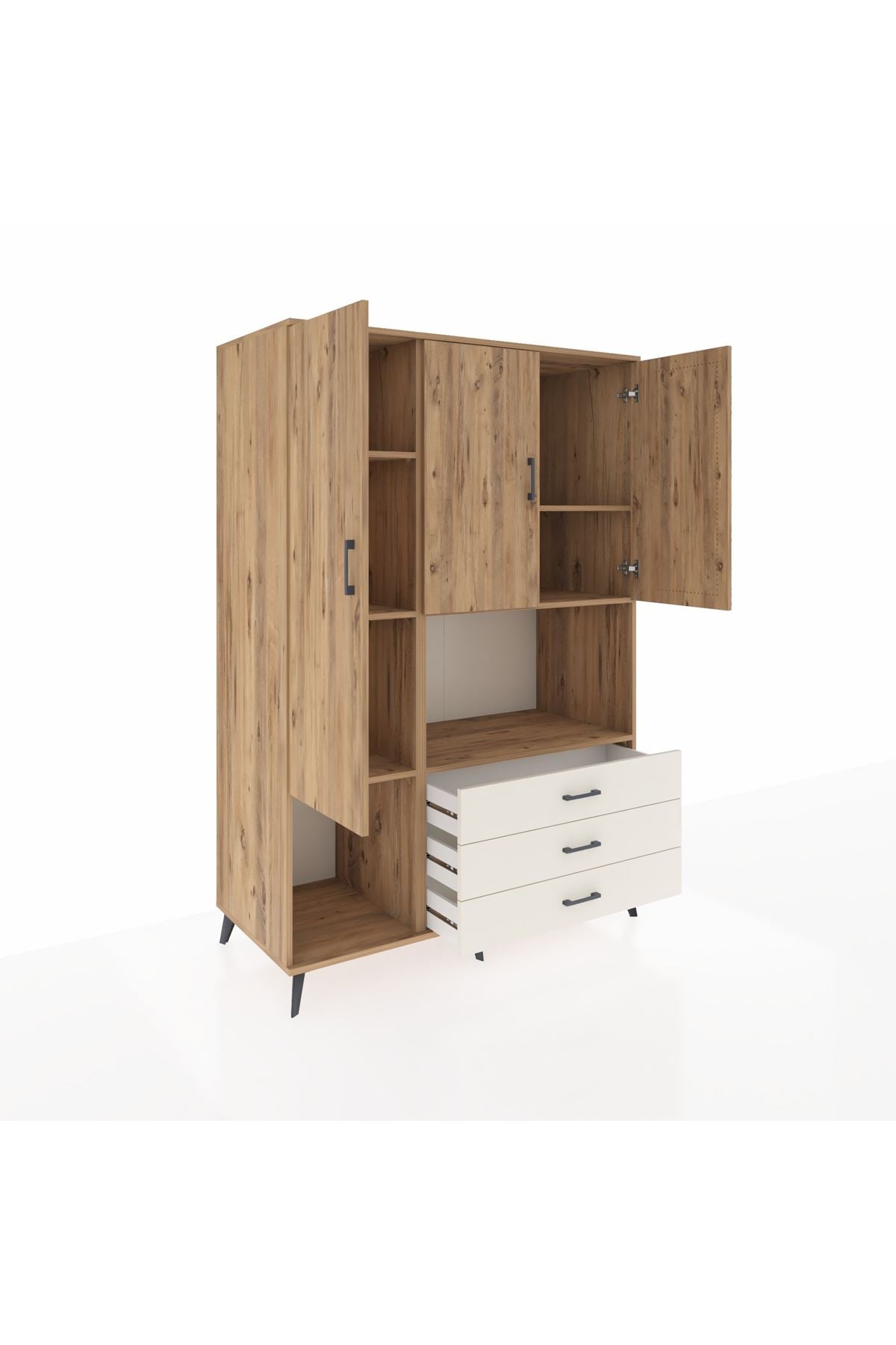 Kronos Dolap 6 Raflı 3 Çekmeceli 3 Kapaklı 132x59x195 Çam-Çam/Aytaşı