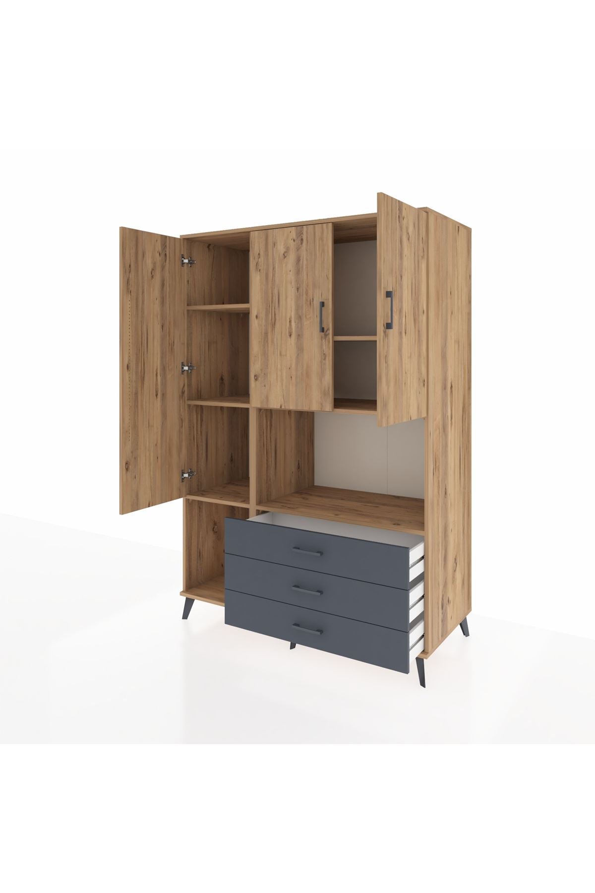 Kronos Dolap 6 Raflı 3 Çekmeceli 3 Kapaklı 132x59x195 Çam-Çam/Antrasit